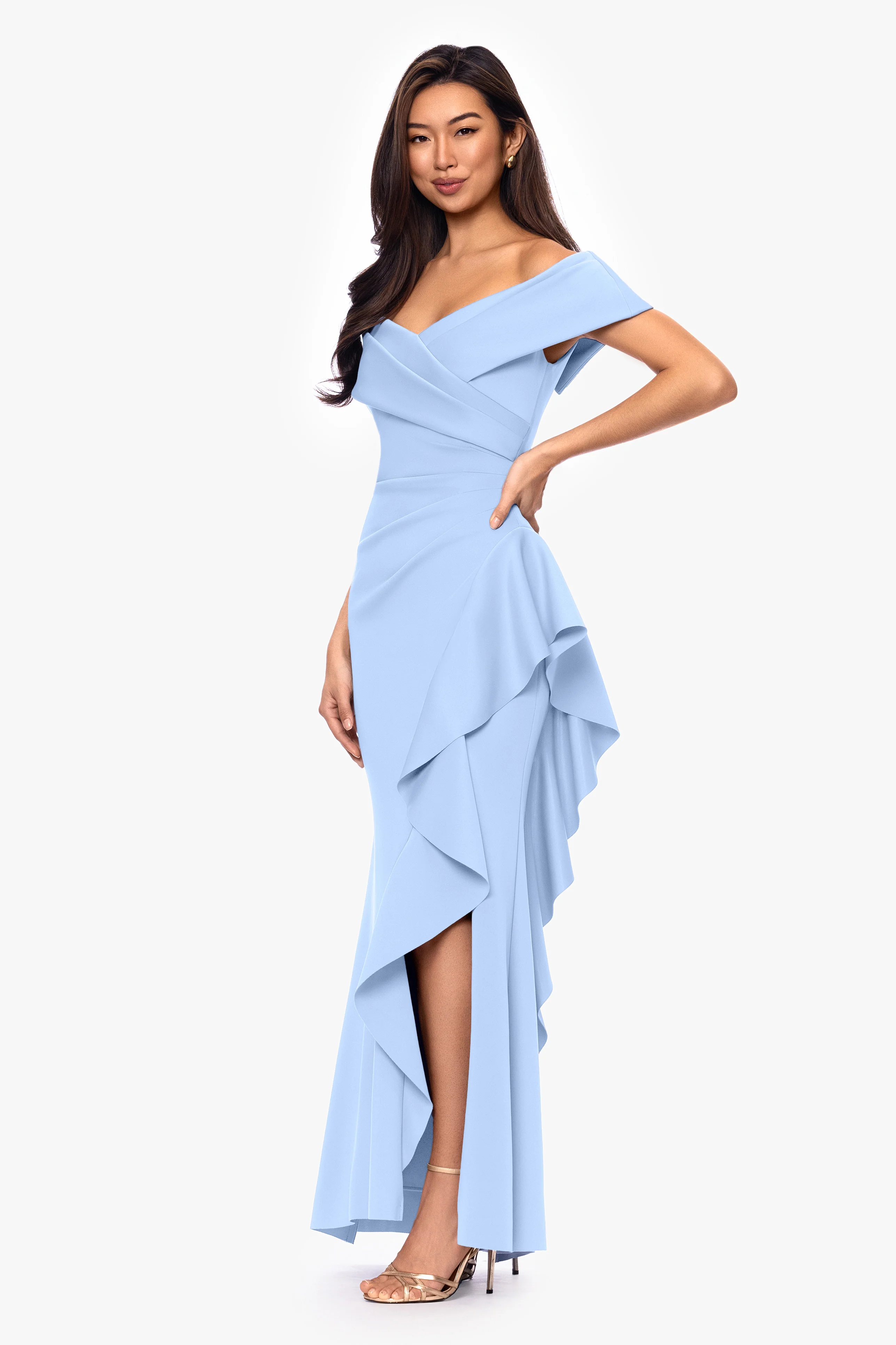 Petite "Pearl" Techno Scuba Off the Shoulder Ruffle Dress - Image 4
