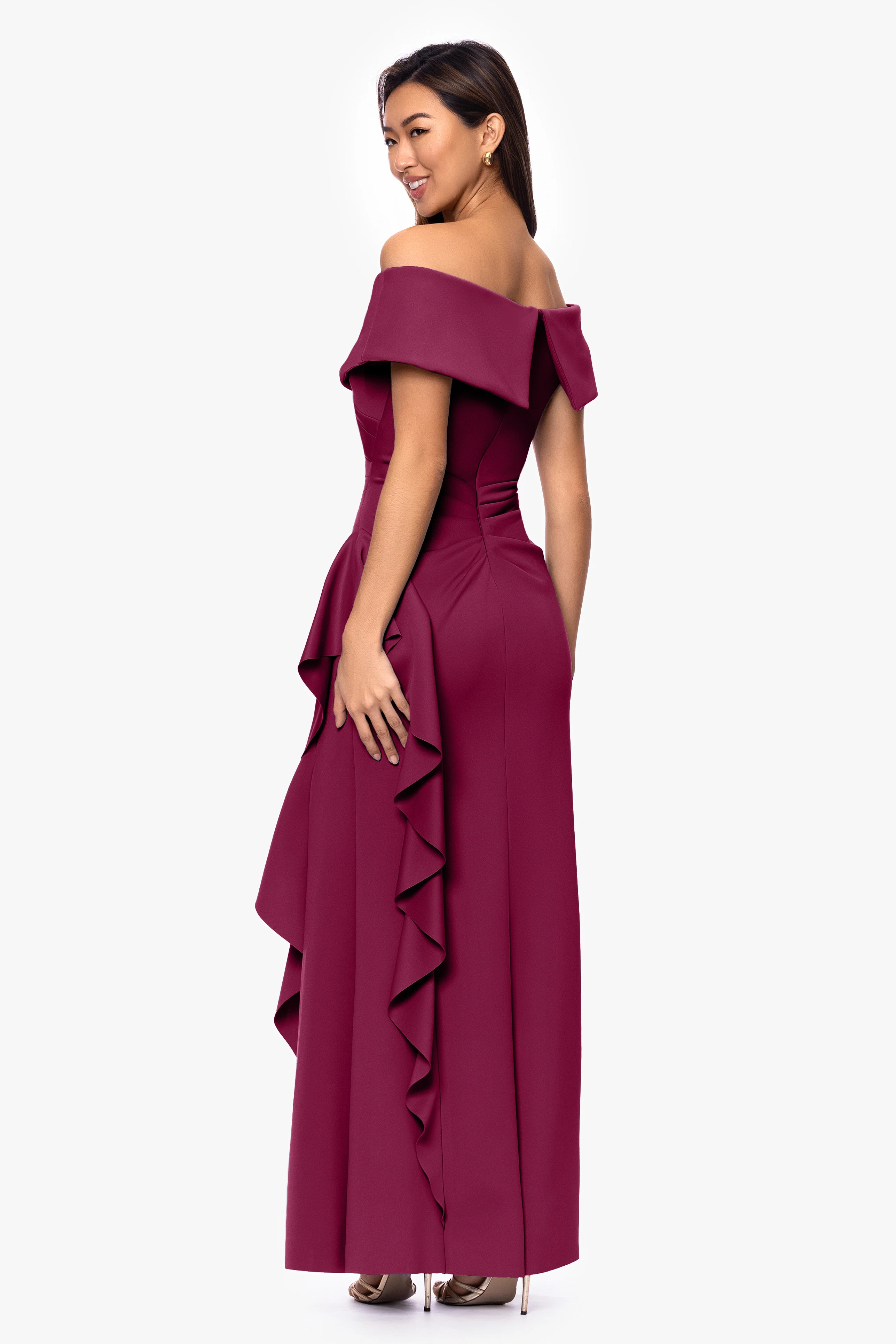 Petite "Pearl" Techno Scuba Off the Shoulder Ruffle Dress - Image 23