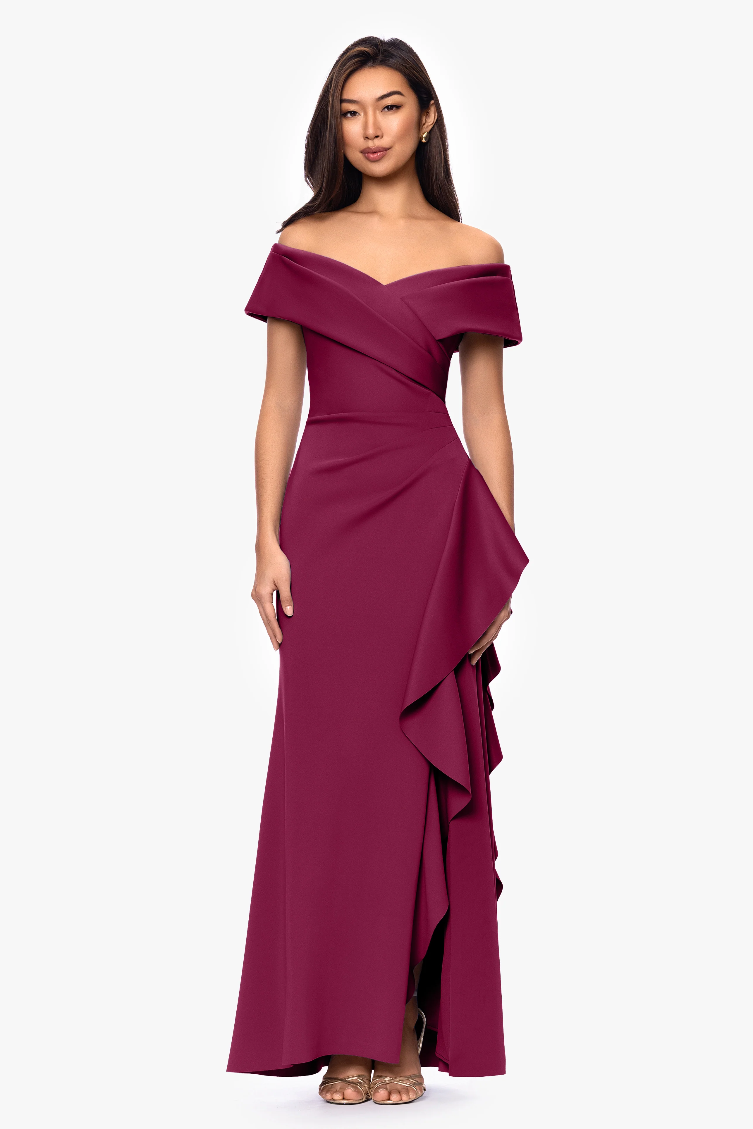 Petite "Pearl" Techno Scuba Off the Shoulder Ruffle Dress - Image 25
