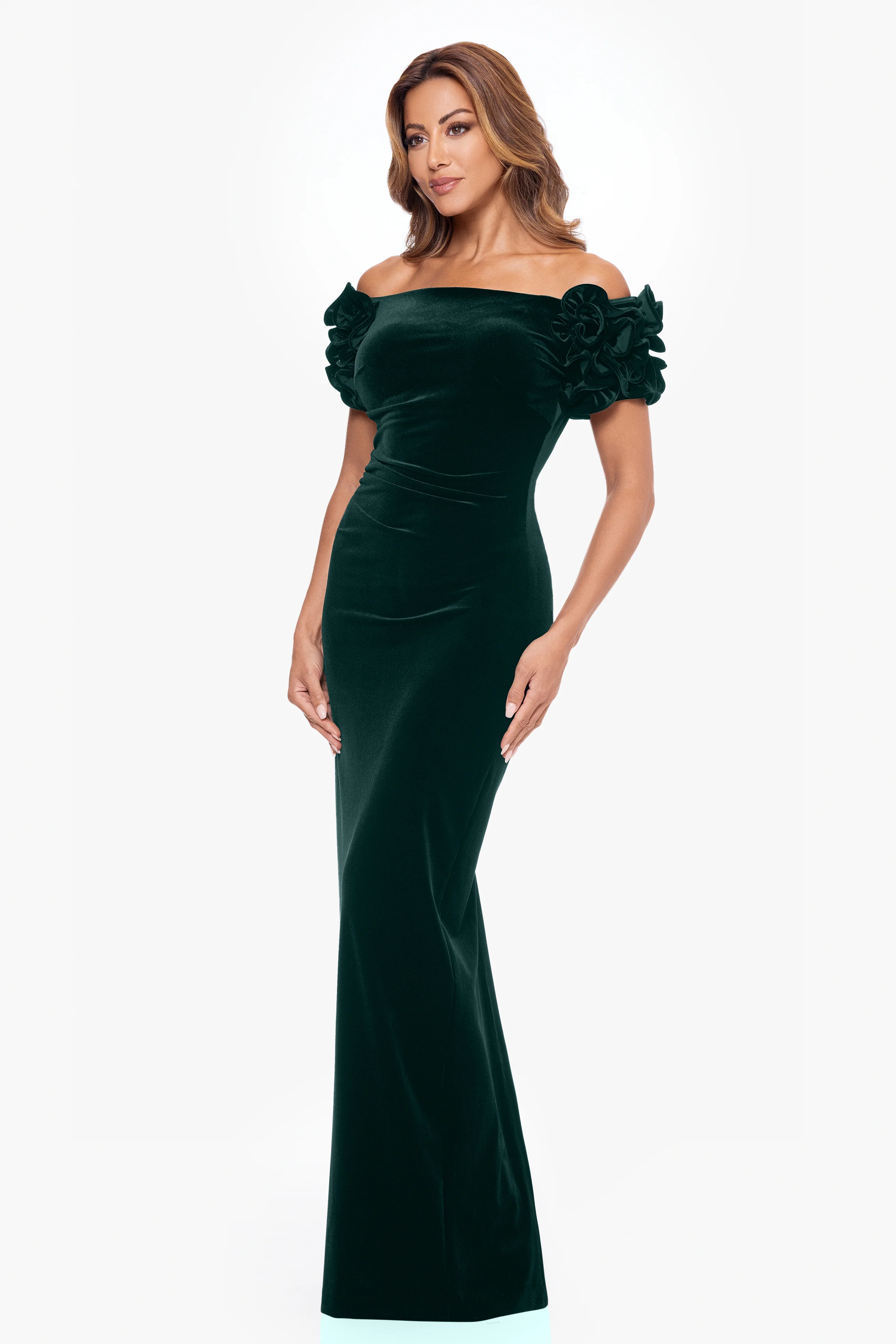 Petite "Rosie" Velvet Off the Shoulder Ruffle Sleeve Dress - Image 4