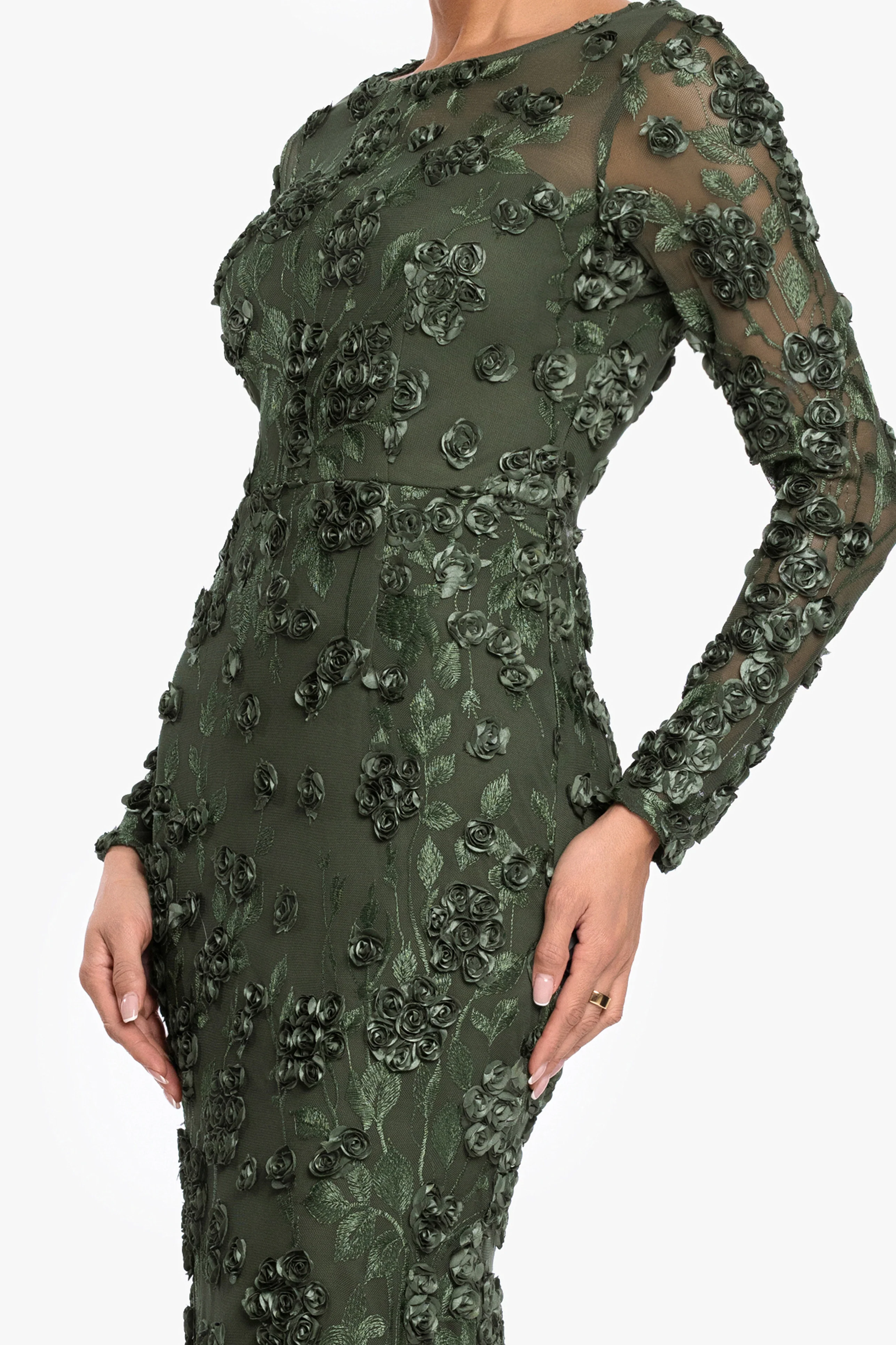 Petite "Ruby" Raised Flowers Long Sleeve Dress - Image 3