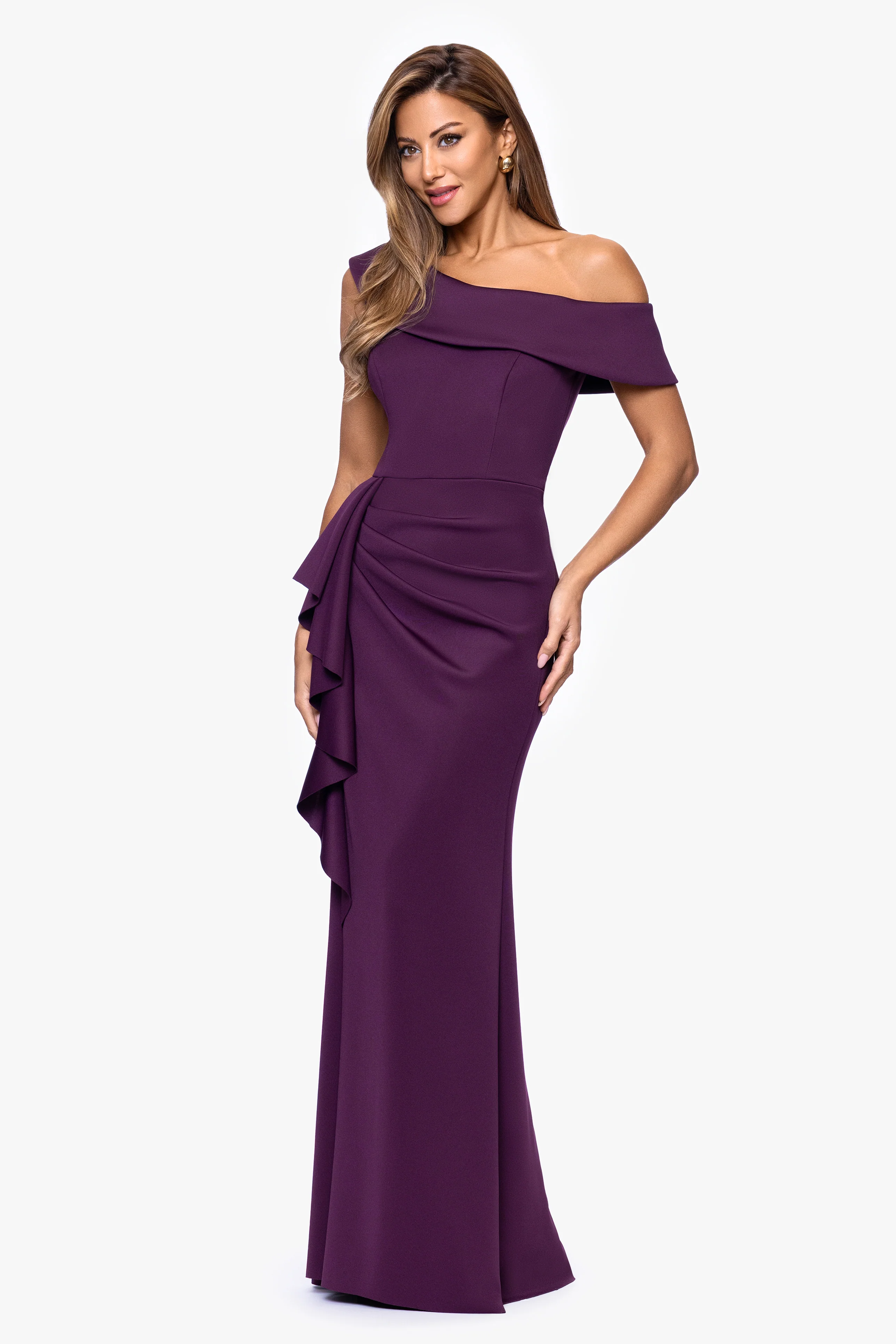 Petite "Valerie" Techno Scuba Off the Shoulder Ruffle Dress - Image 10