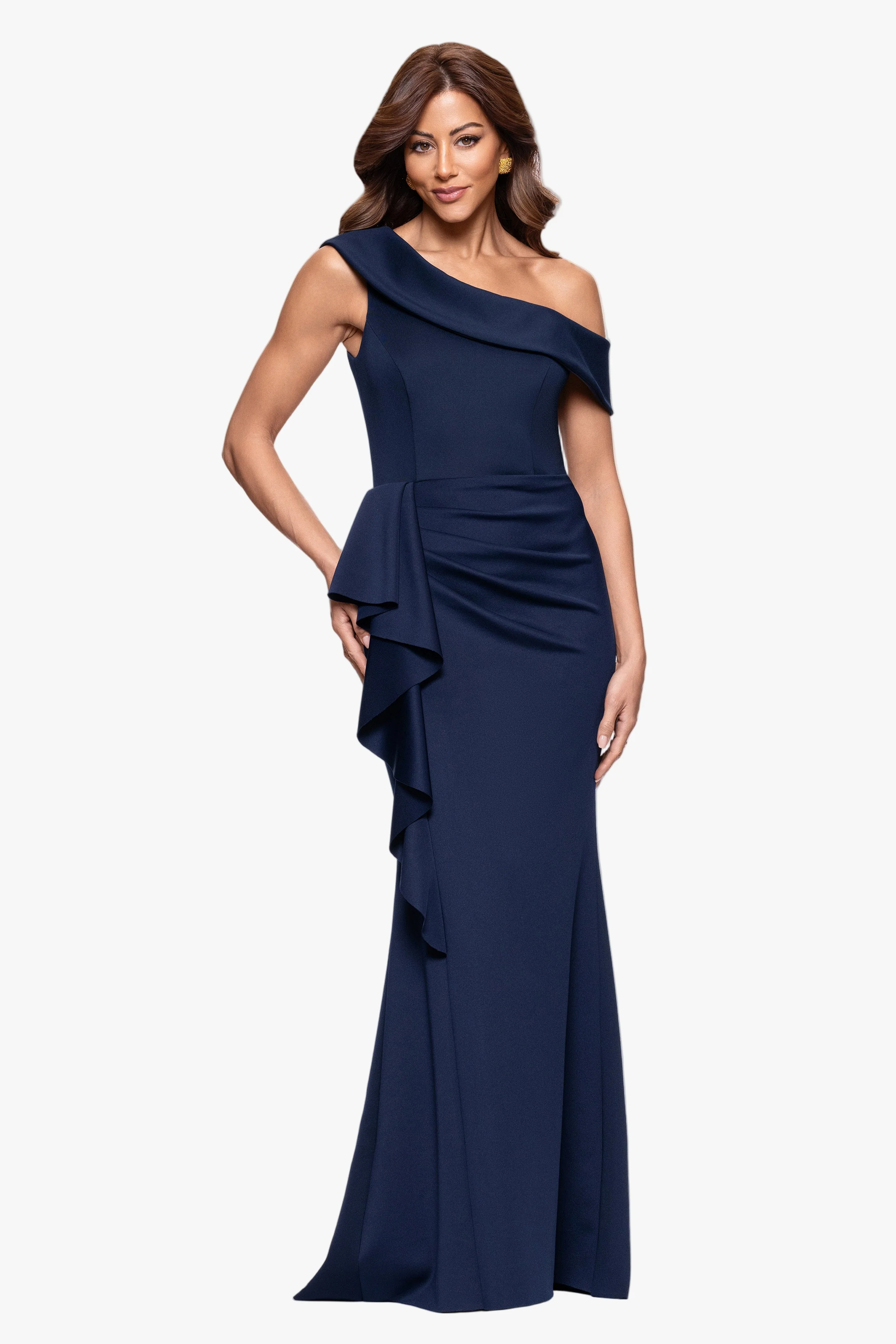 Petite "Valerie" Techno Scuba Off the Shoulder Ruffle Dress