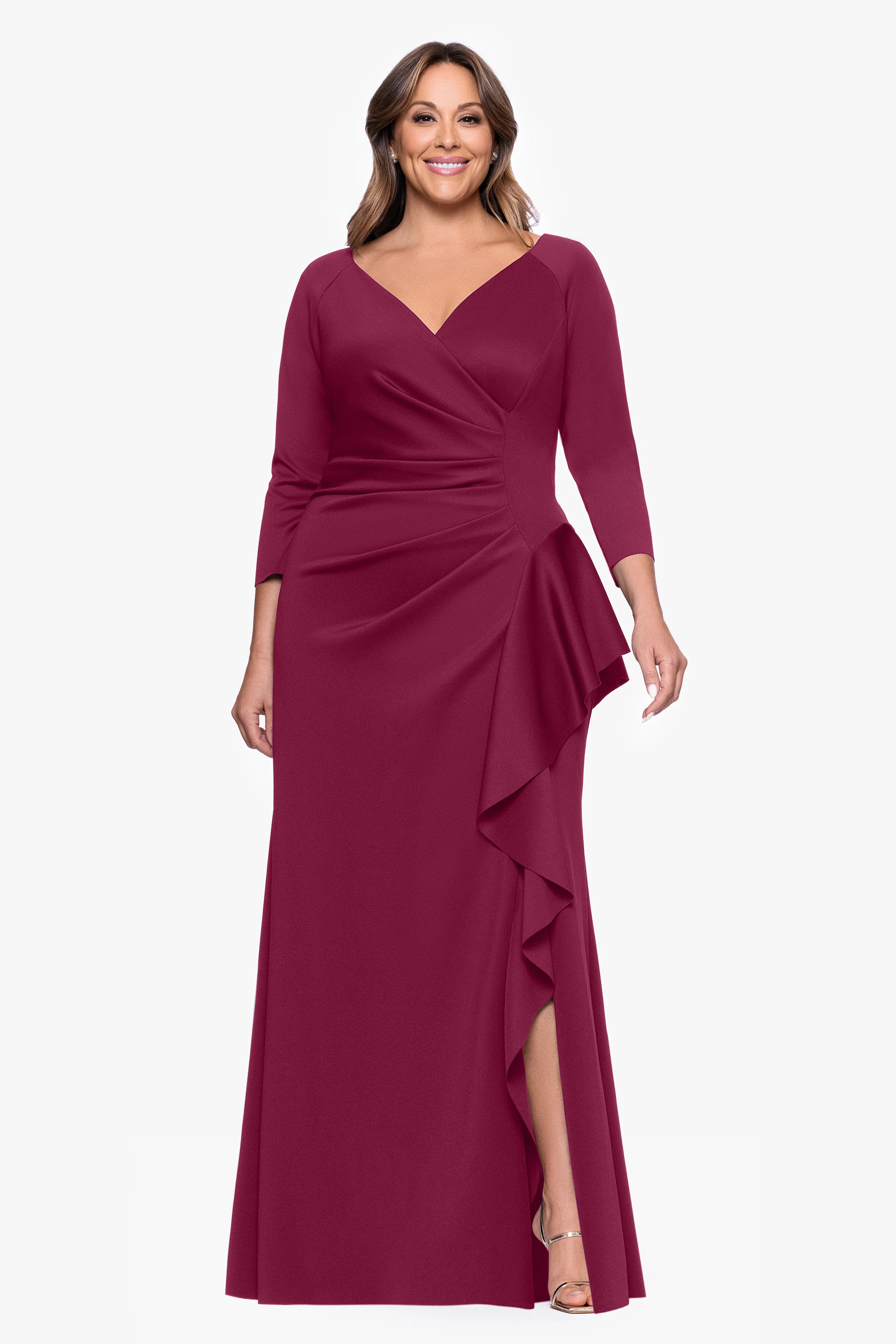 Plus "Amber" Techno Scuba 3/4 Sleeve V-Neck Ruffle Dress - Image 16