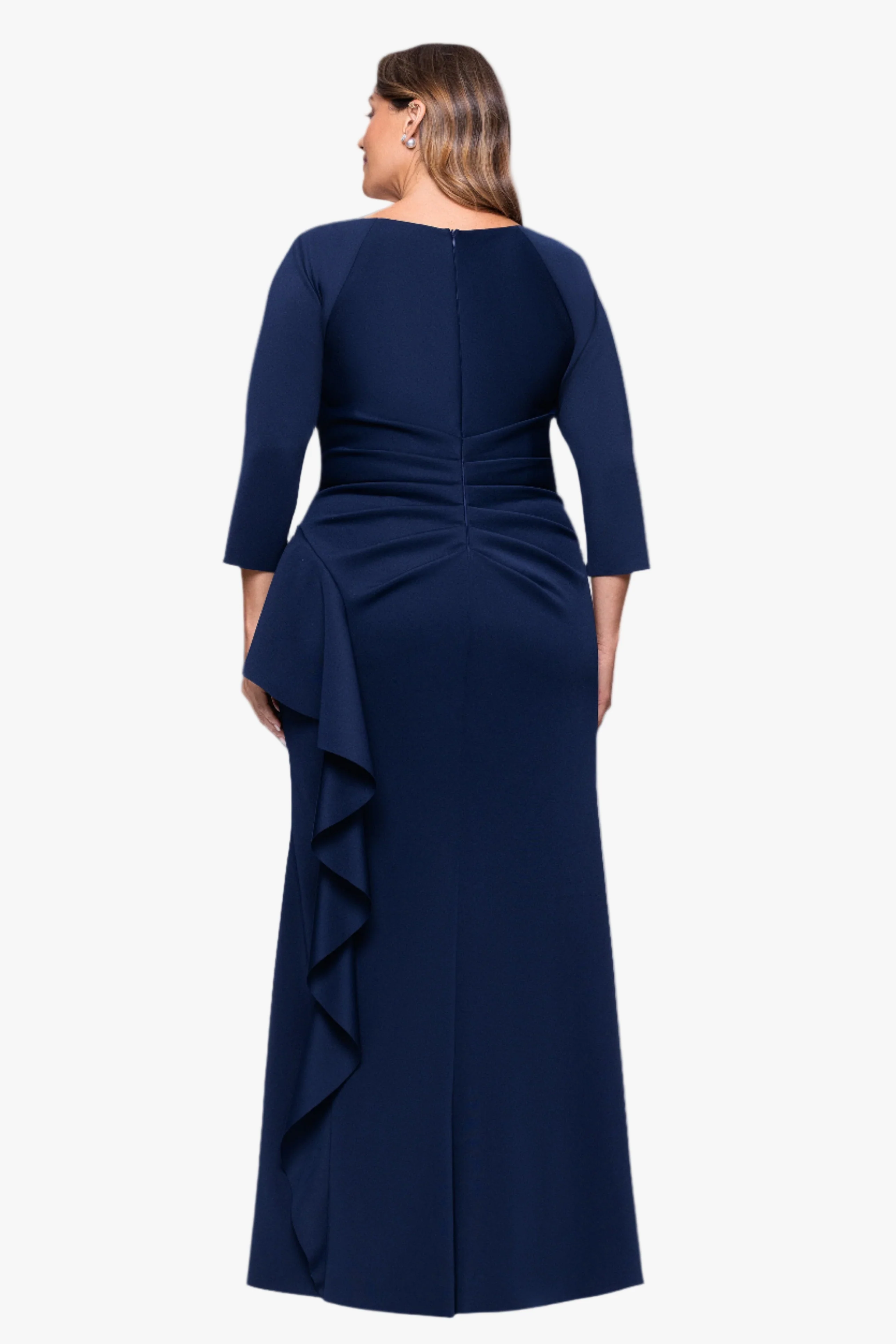 Plus "Amber" Techno Scuba 3/4 Sleeve V-Neck Ruffle Dress - Image 8