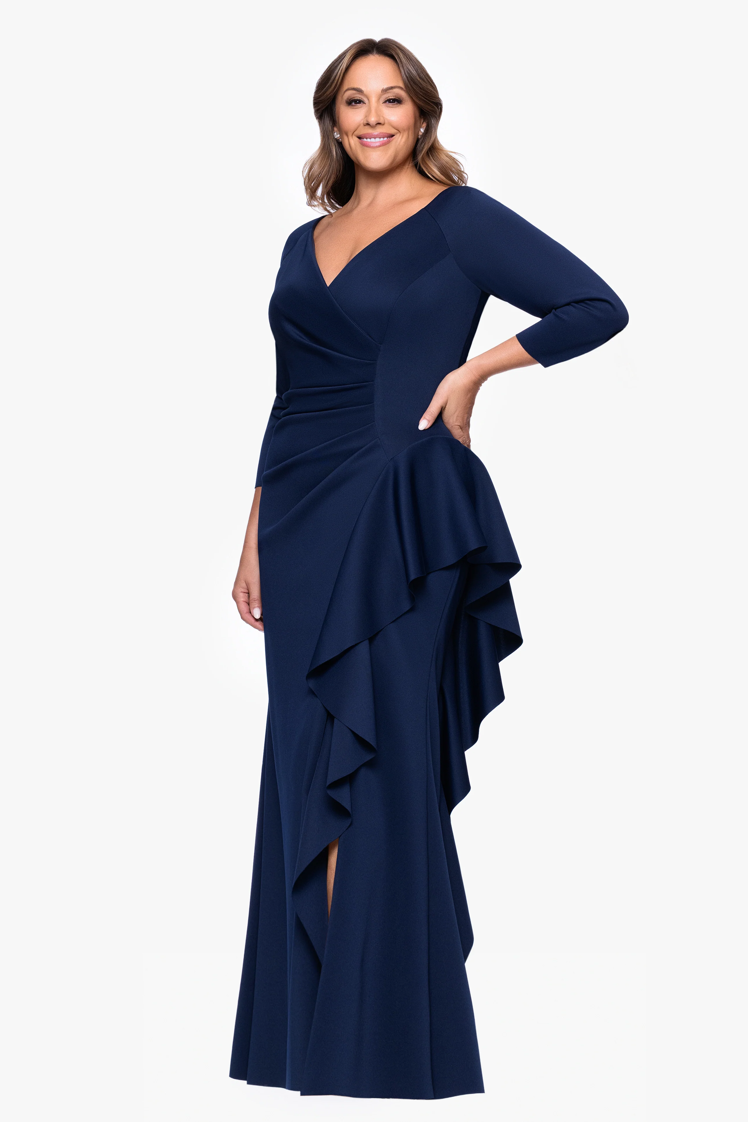 Plus "Amber" Techno Scuba 3/4 Sleeve V-Neck Ruffle Dress - Image 9