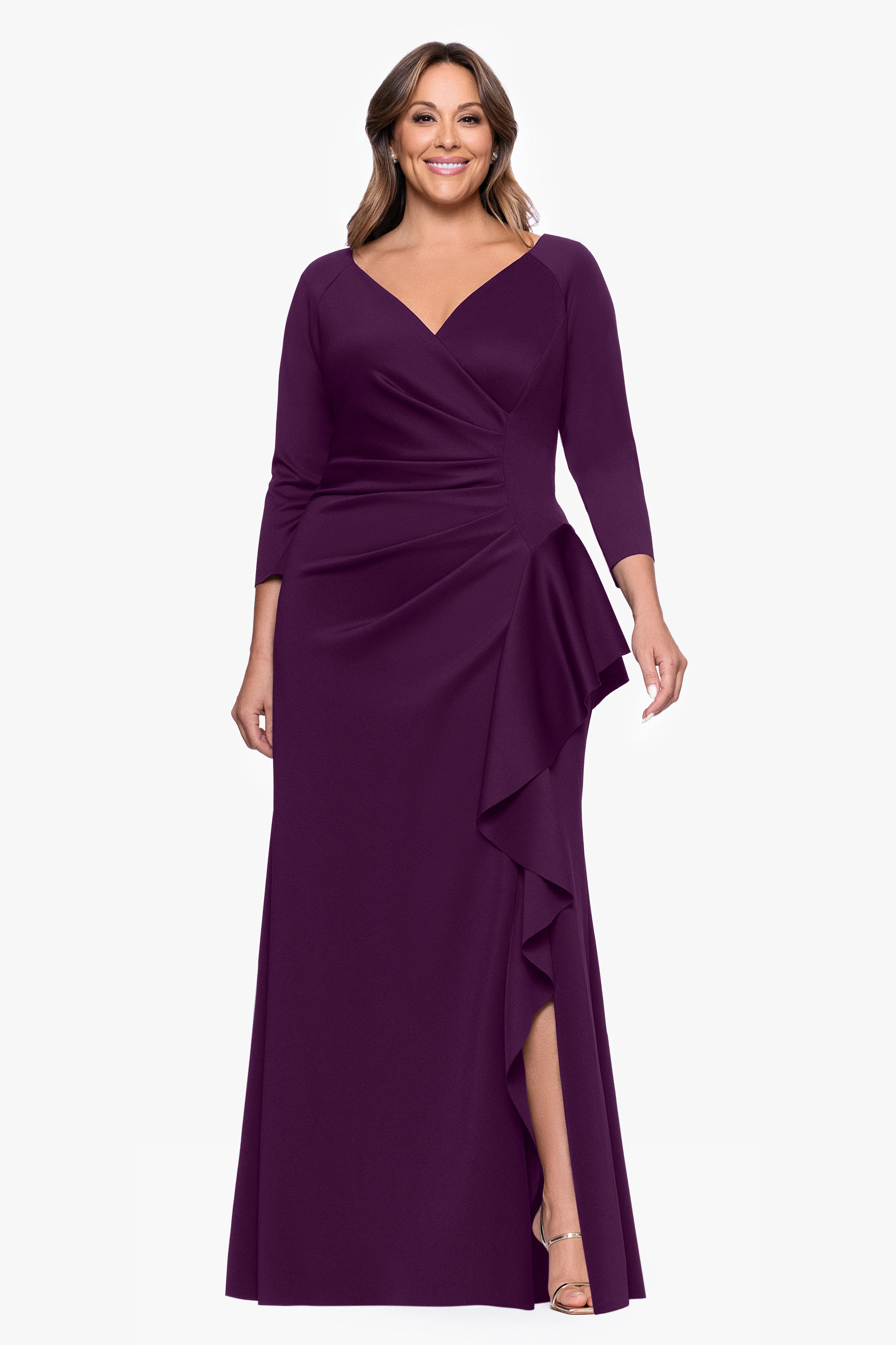 Plus "Amber" Techno Scuba 3/4 Sleeve V-Neck Ruffle Dress - Image 11