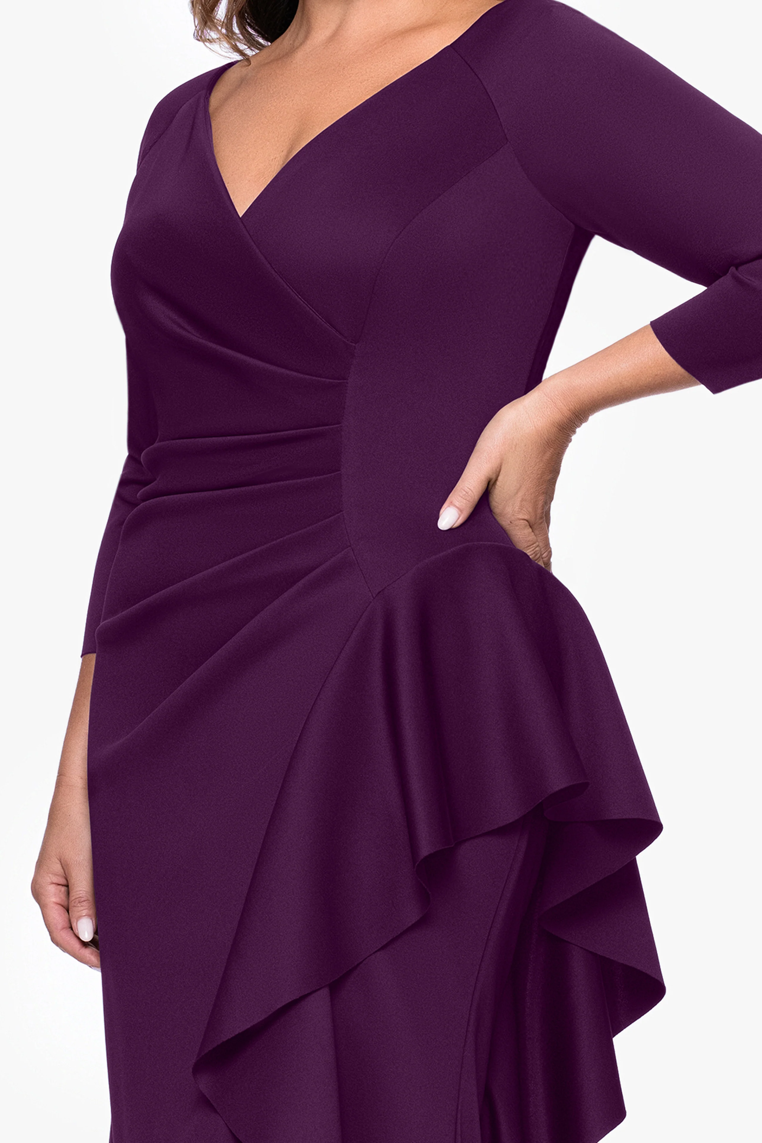 Plus "Amber" Techno Scuba 3/4 Sleeve V-Neck Ruffle Dress - Image 12