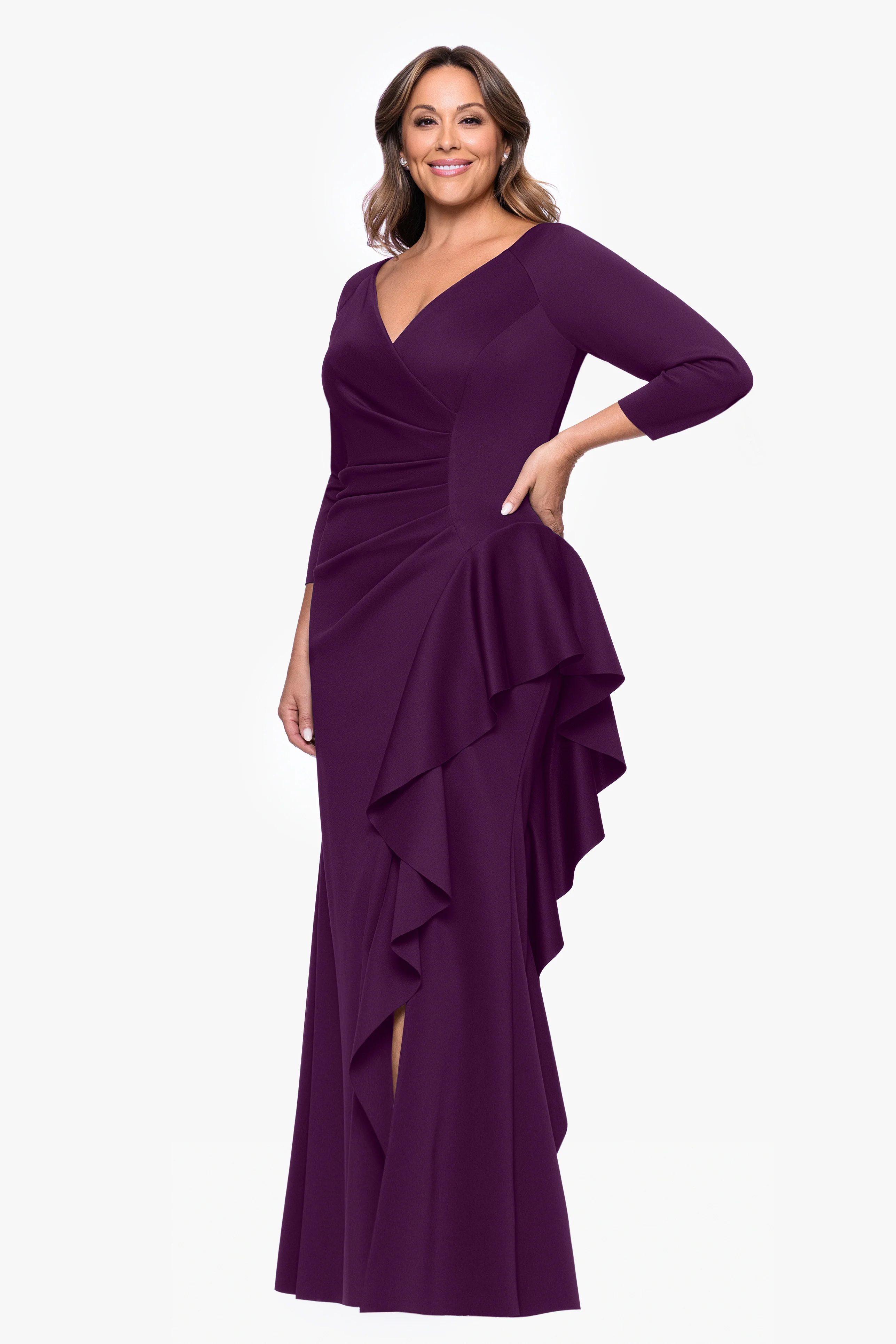 Plus "Amber" Techno Scuba 3/4 Sleeve V-Neck Ruffle Dress - Image 14