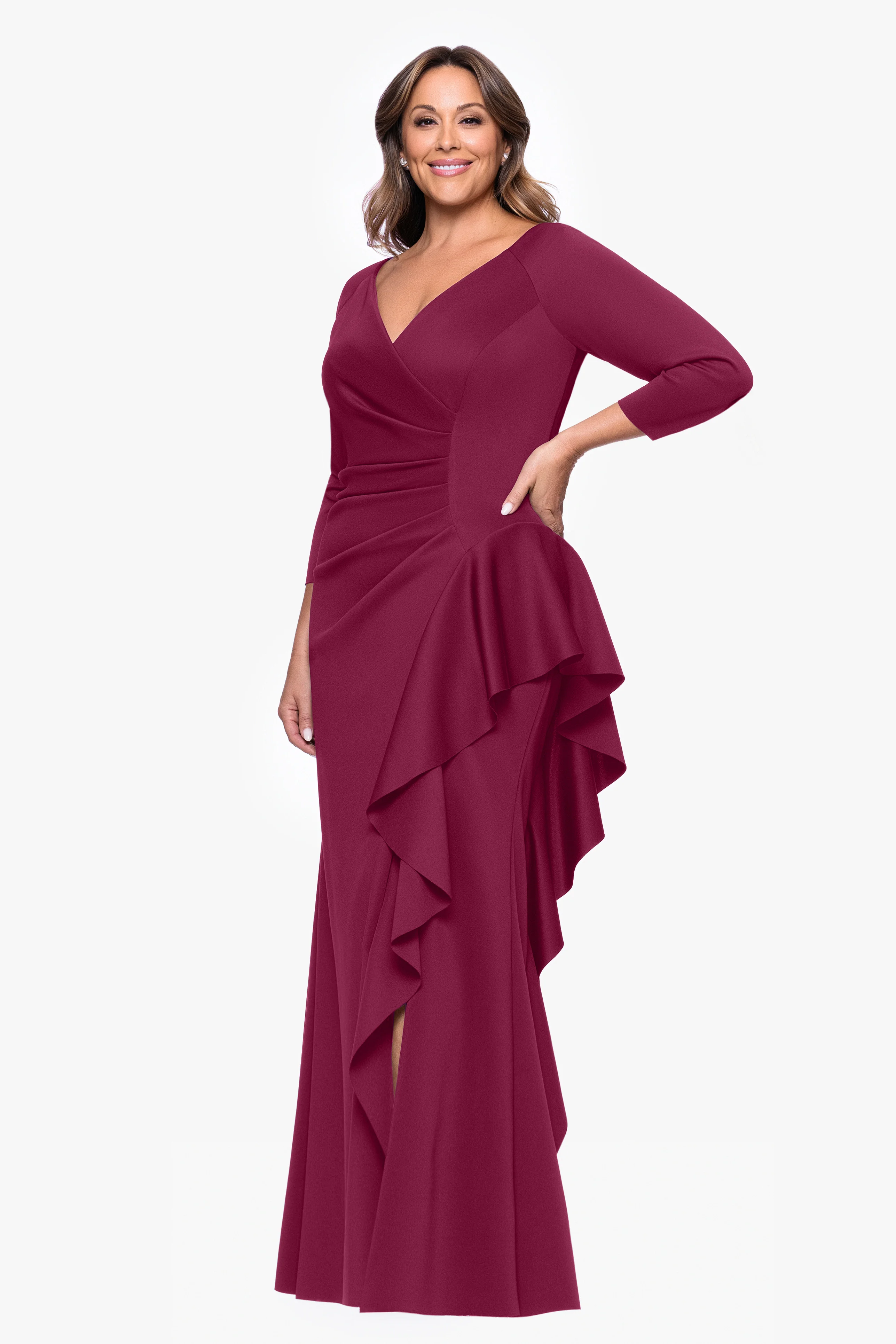 Plus "Amber" Techno Scuba 3/4 Sleeve V-Neck Ruffle Dress - Image 19