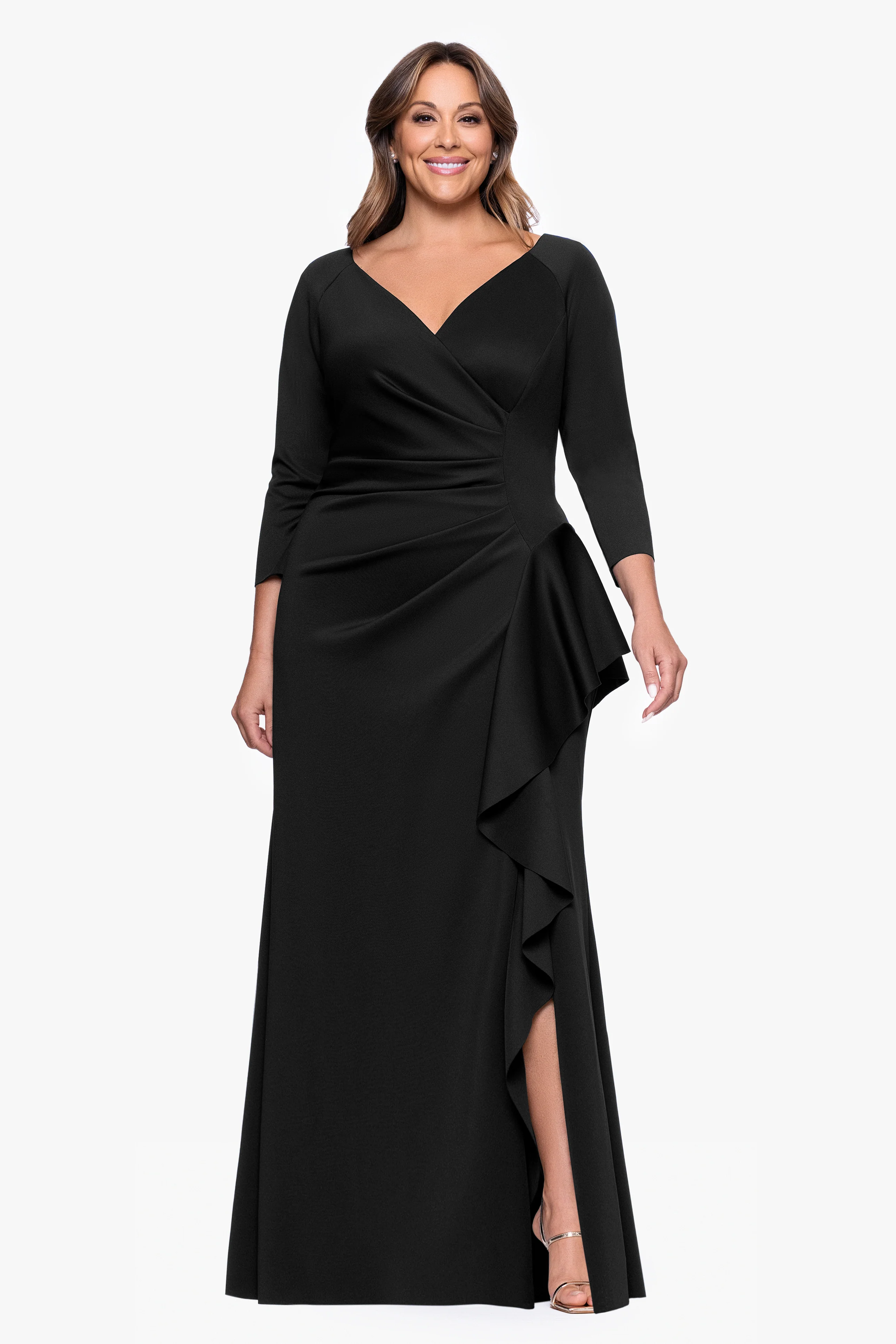 Plus "Amber" Techno Scuba 3/4 Sleeve V-Neck Ruffle Dress