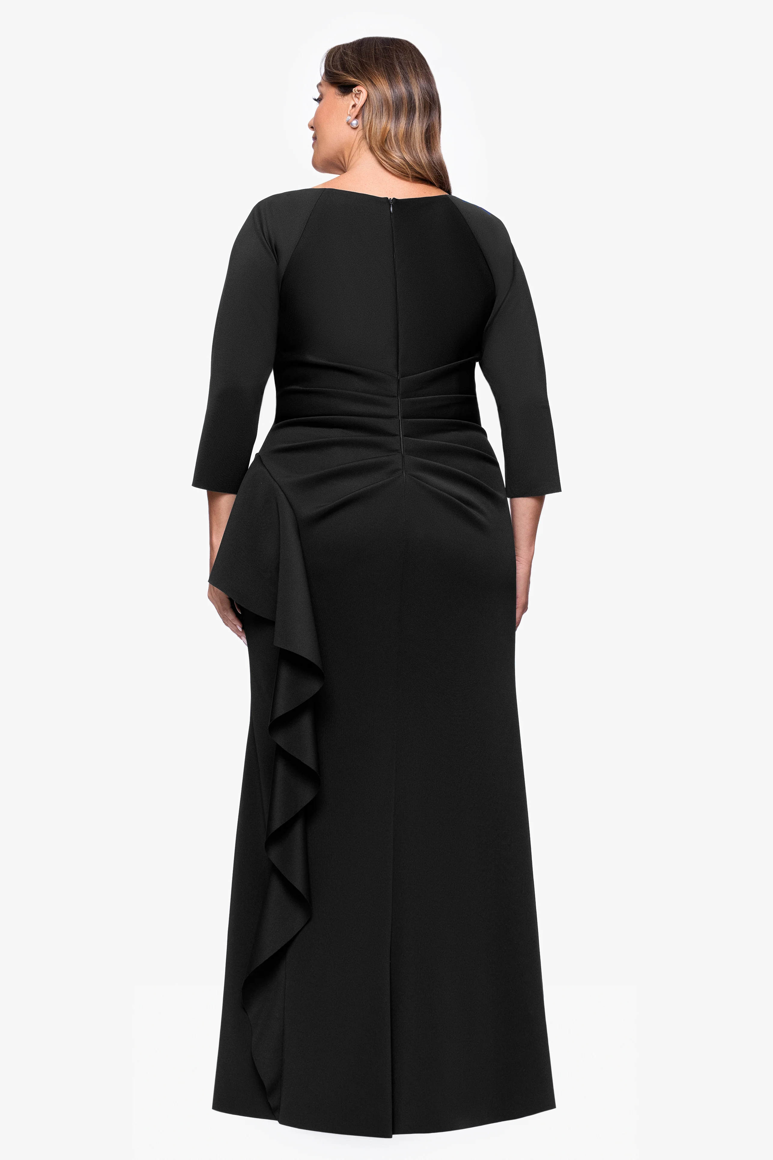 Plus "Amber" Techno Scuba 3/4 Sleeve V-Neck Ruffle Dress - Image 3