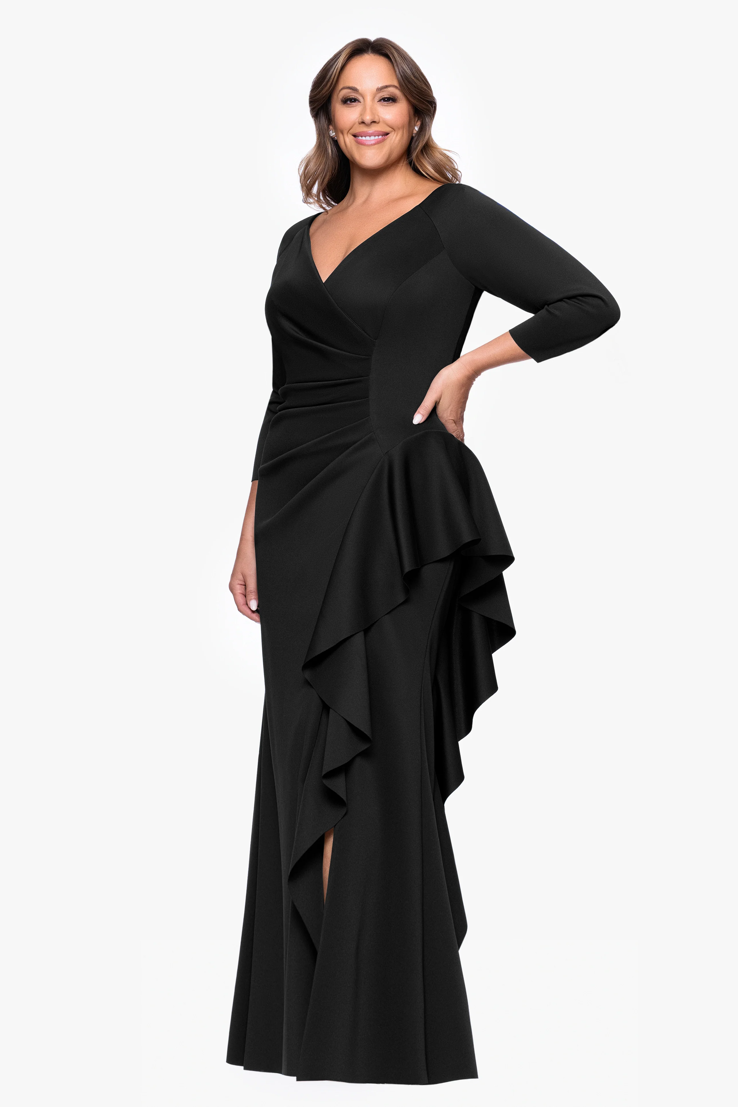 Plus "Amber" Techno Scuba 3/4 Sleeve V-Neck Ruffle Dress - Image 4