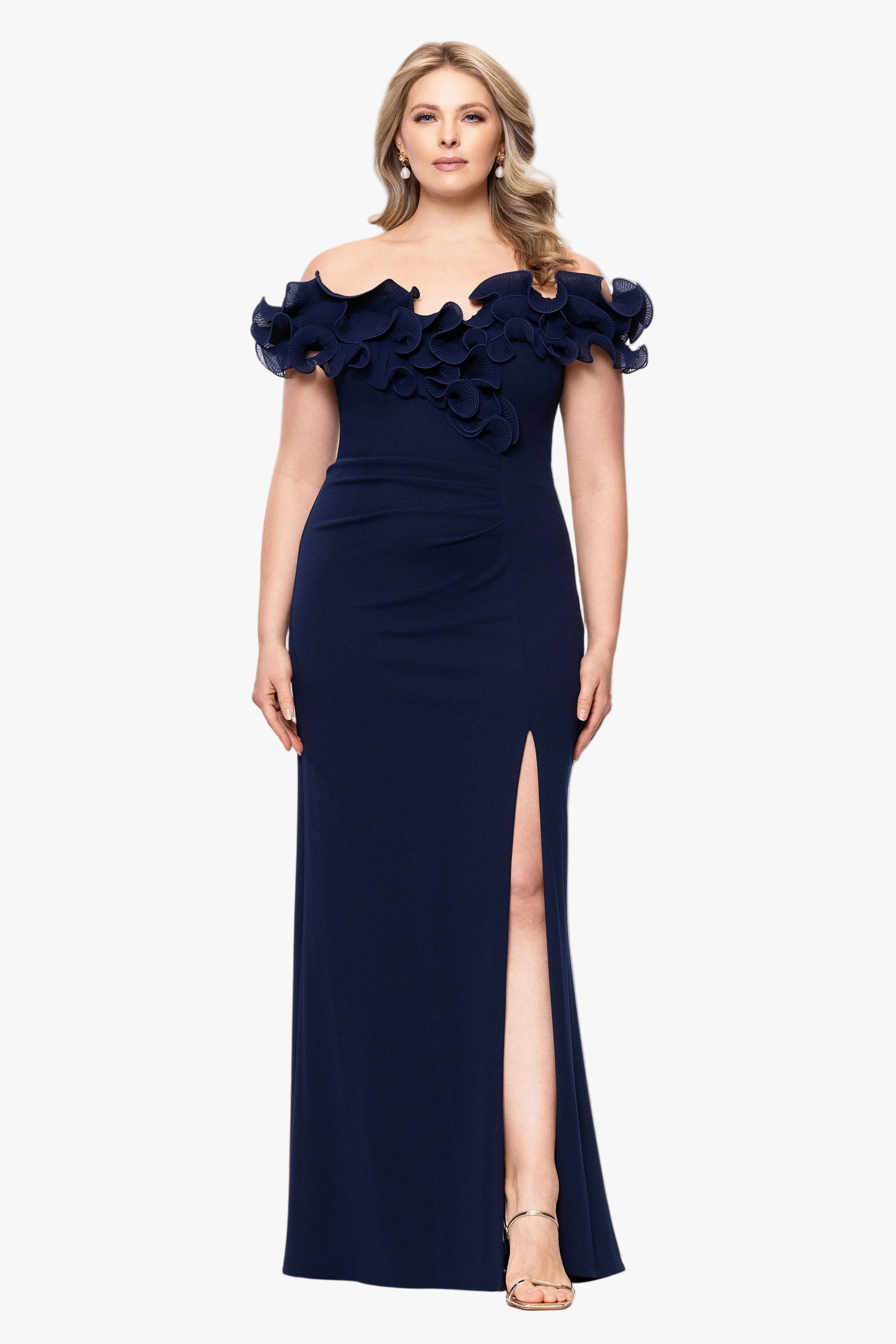 Plus "Anya" Scuba Crepe & Chiffon Ruffle Off the Shoulder Dress - Image 2