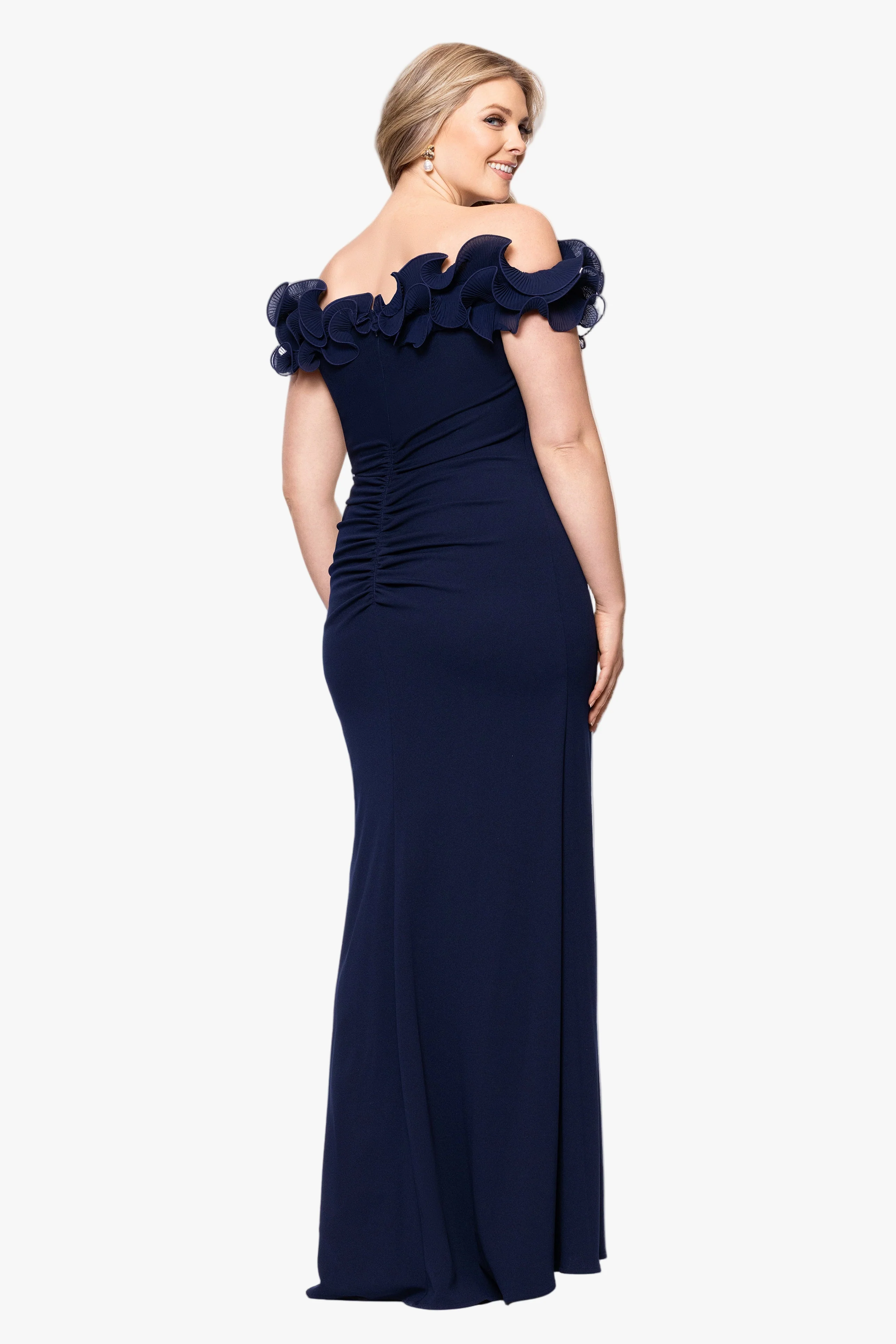 Plus "Anya" Scuba Crepe & Chiffon Ruffle Off the Shoulder Dress - Image 4