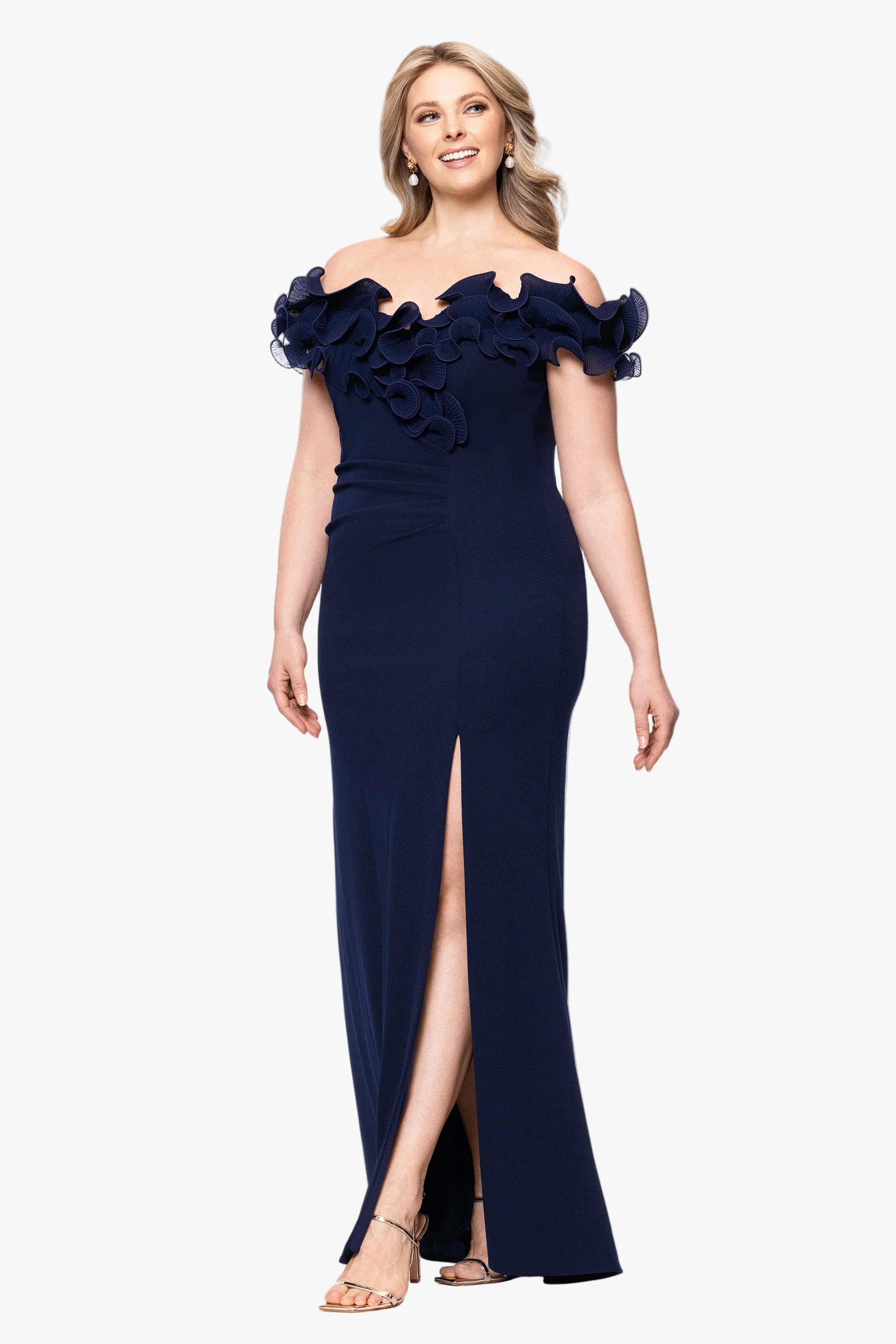 Plus "Anya" Scuba Crepe & Chiffon Ruffle Off the Shoulder Dress - Image 5