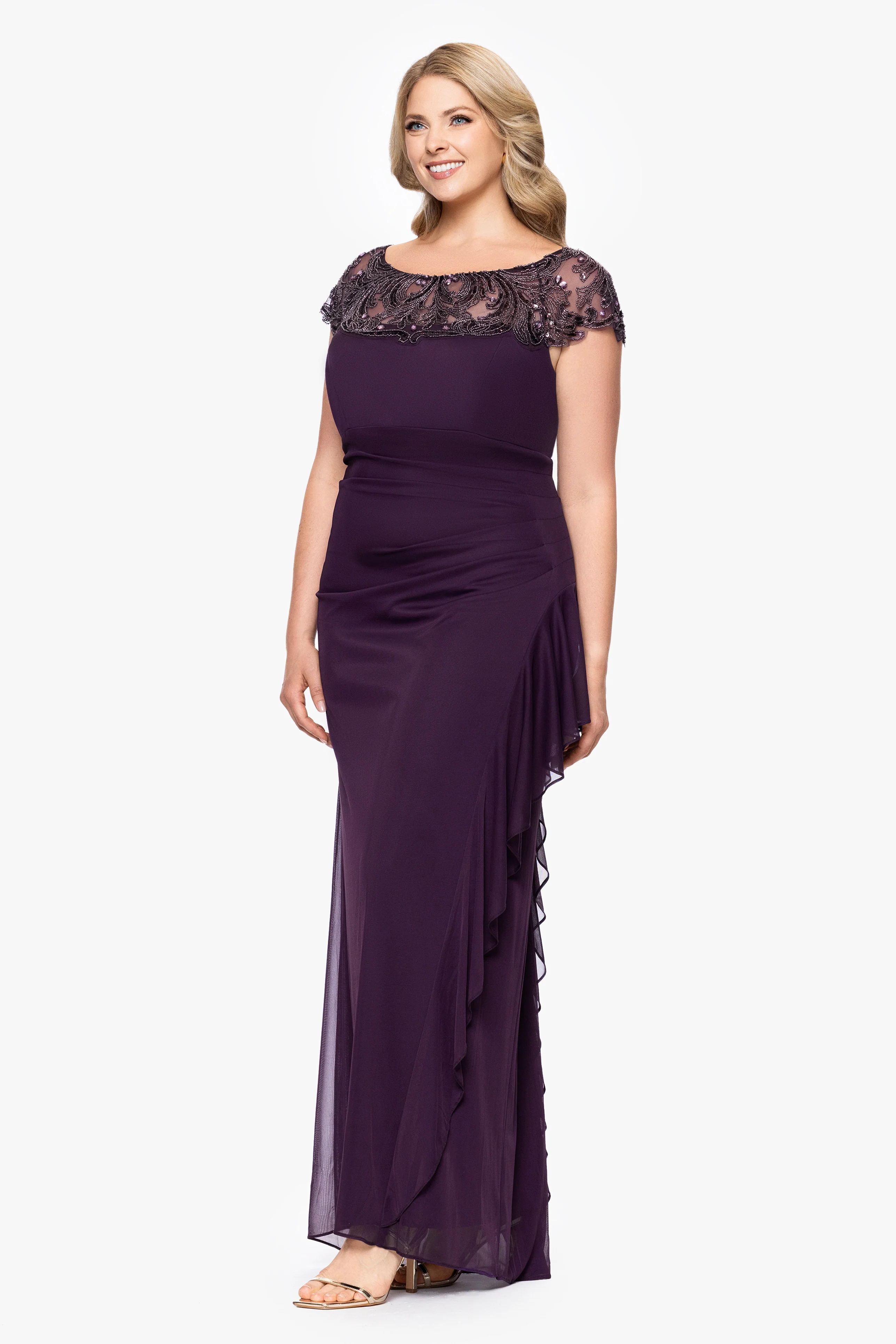 Plus "Cathleen" Sheer Matte Jersey Beaded Neckline Dress - Image 4