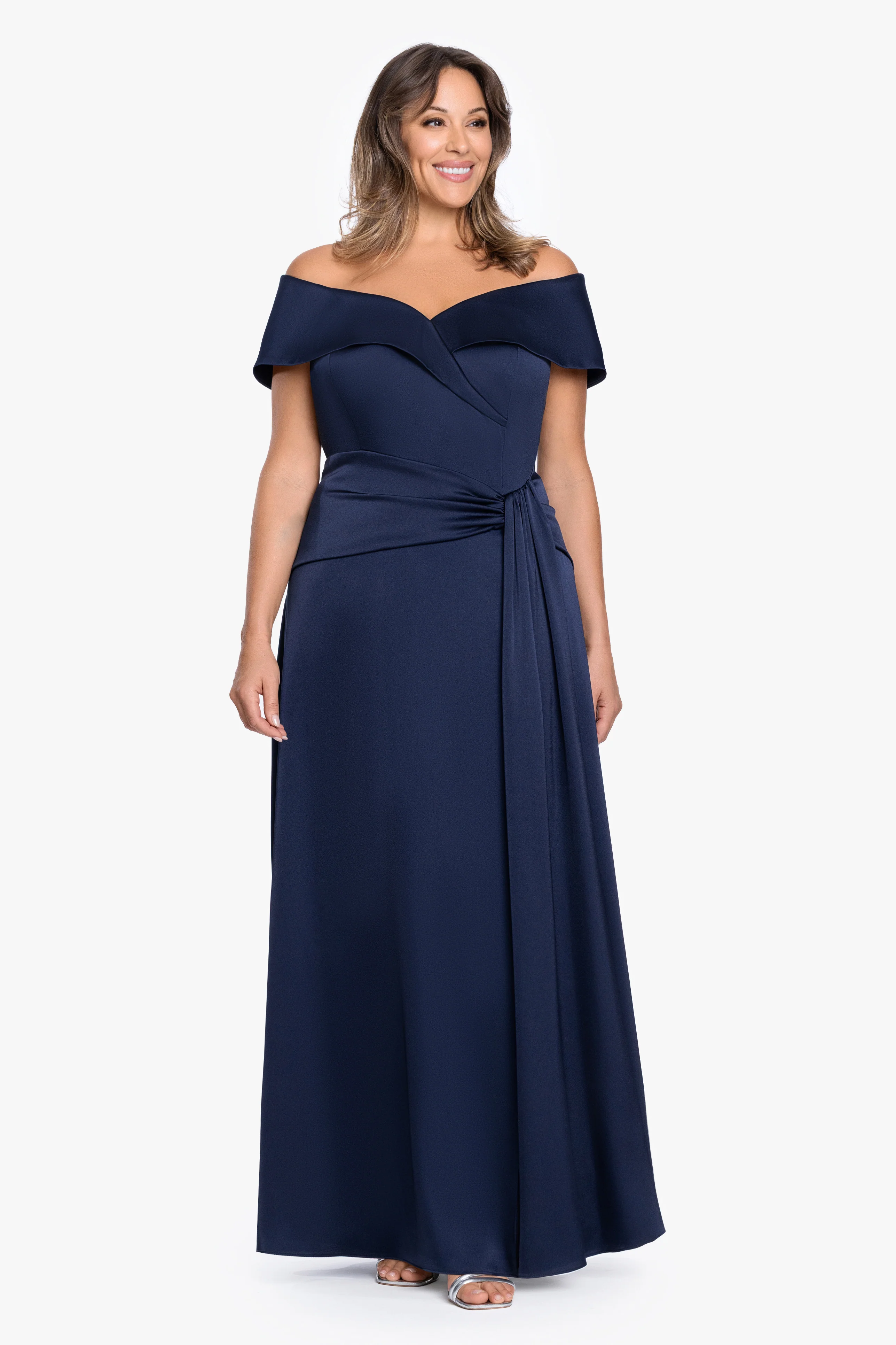 Plus "Daniella" Satin Off The Shoulder Short Sleeve Dress