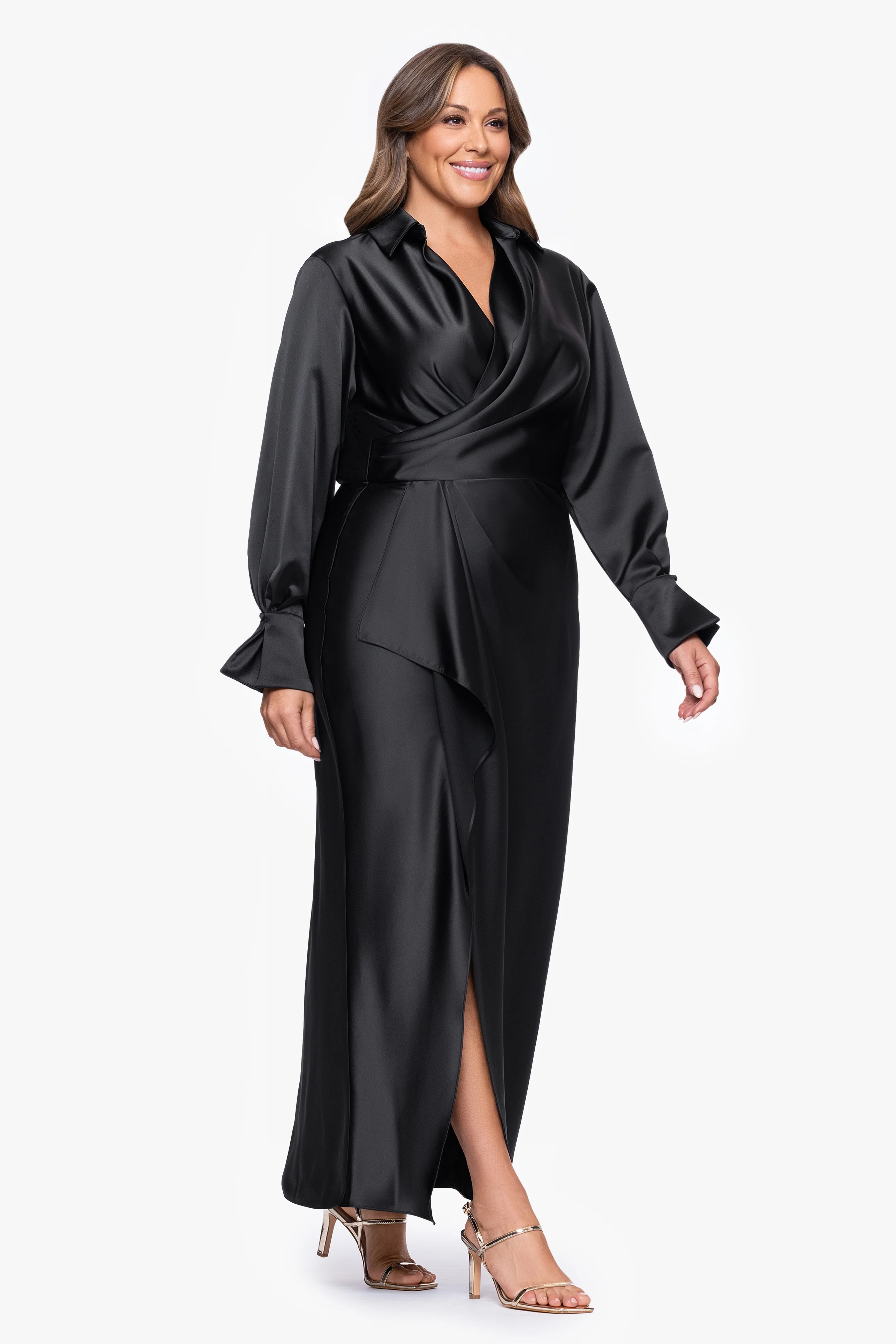 Plus "Emery" Satin Long Sleeve Collared Dress - Image 5