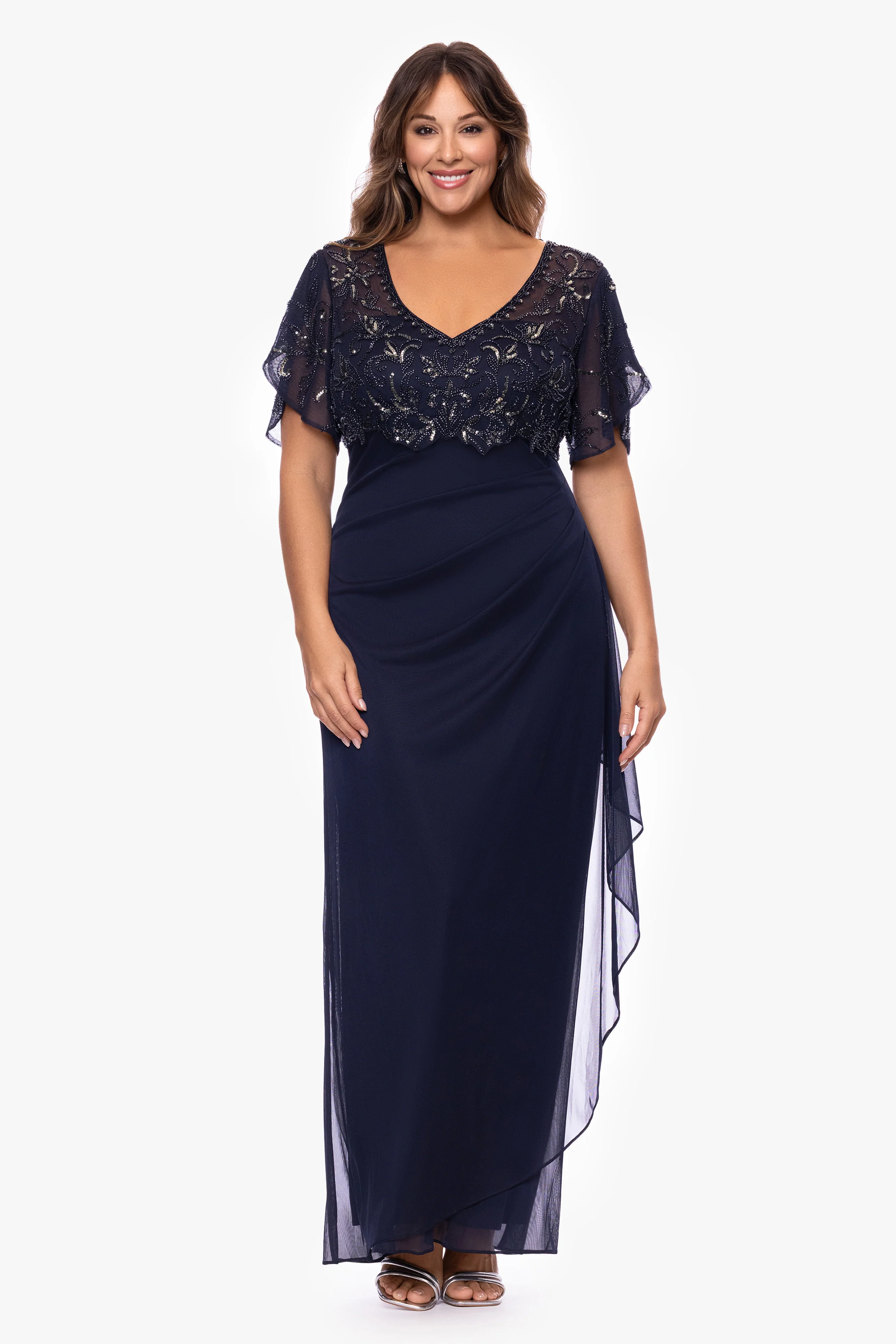 Plus "Giselle" Sheer Matte Jersey Beaded V-Neck Dress