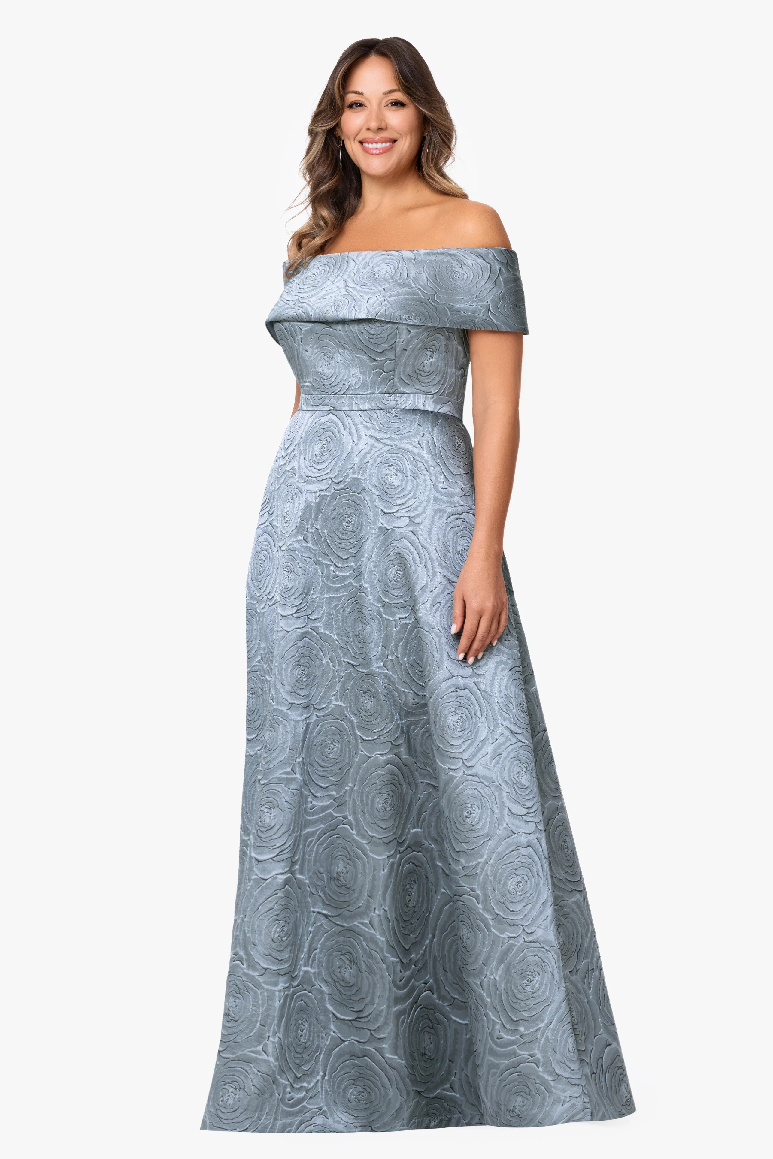 Plus "Gloria" Brocade Off The Shoulder Dress - Image 4