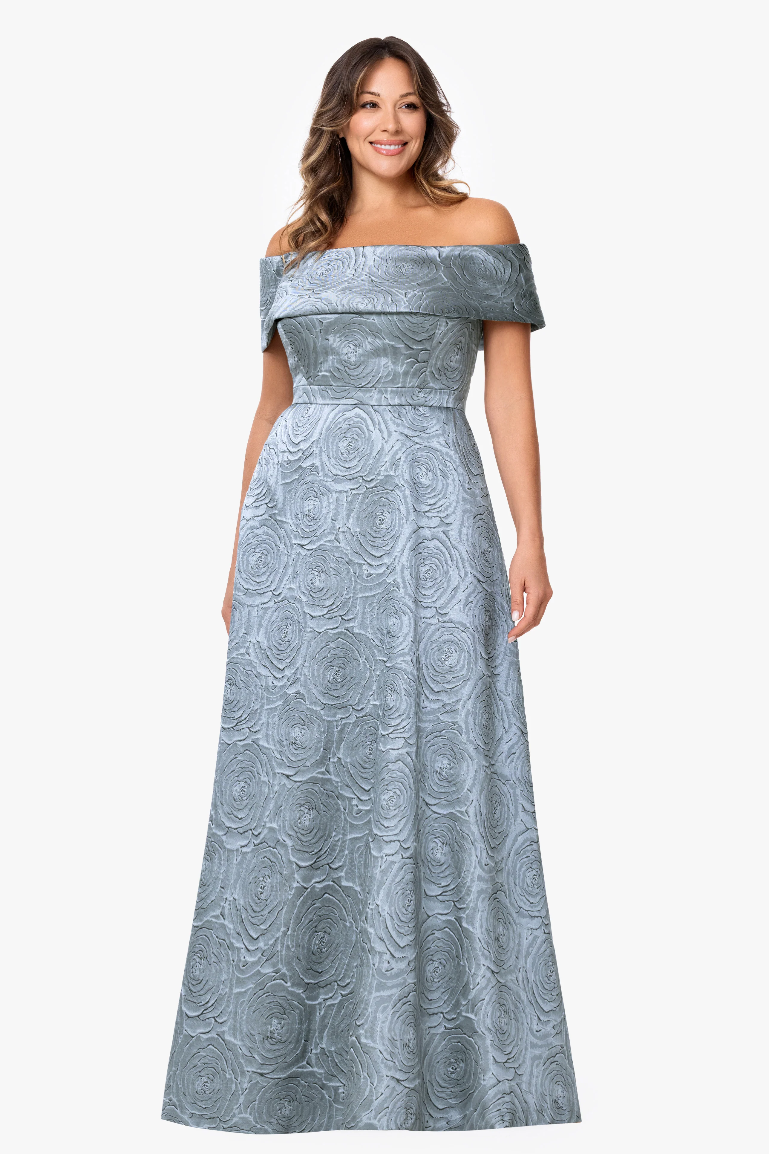 Plus "Gloria" Brocade Off The Shoulder Dress - Image 5
