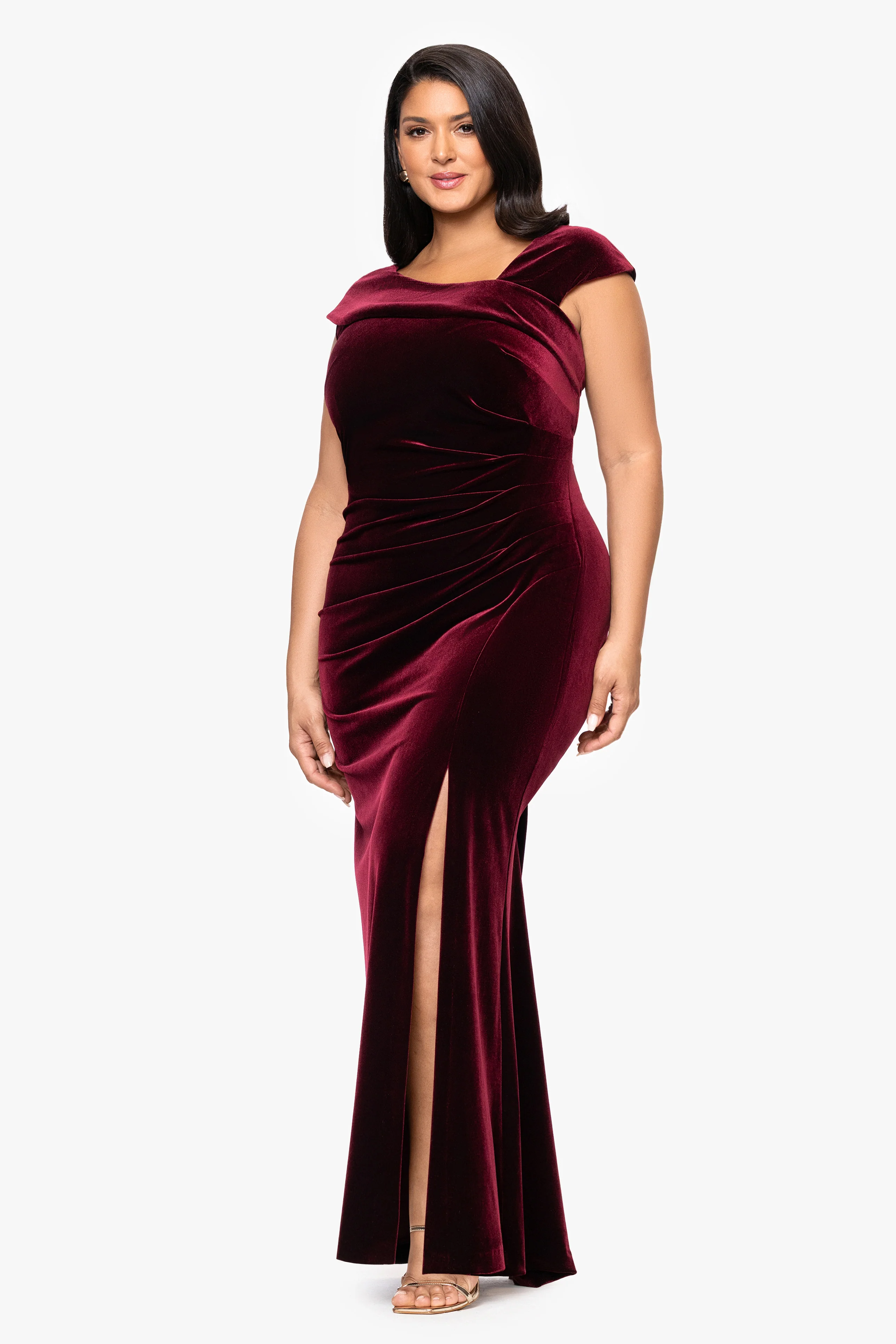 Plus "Katrina" Velvet Asymmetrical Neckline Cap Sleeve Dress - Image 4