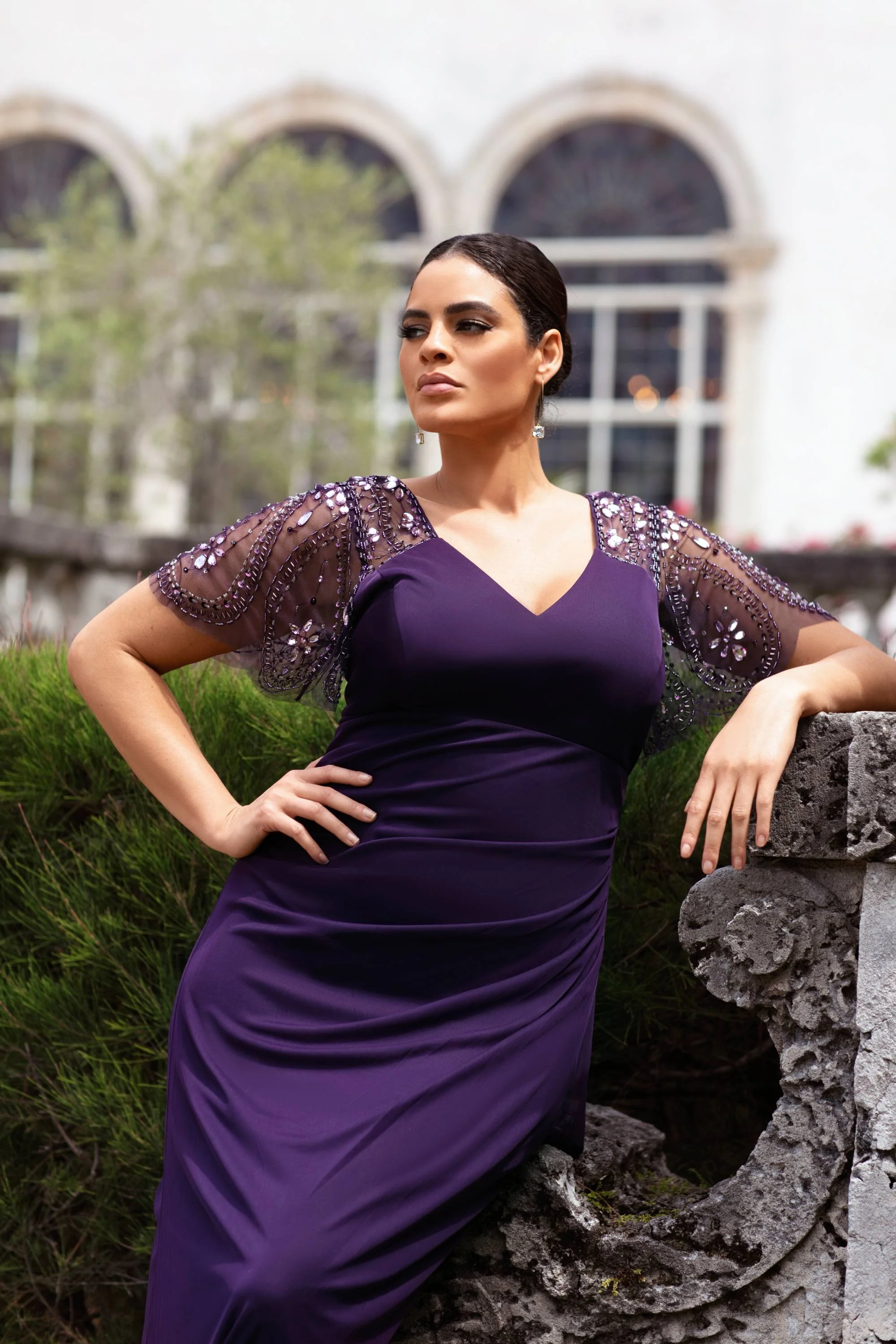 Plus "Lana" Sheer Matte Jersey Beaded Flutter Sleeve Dress - Image 14