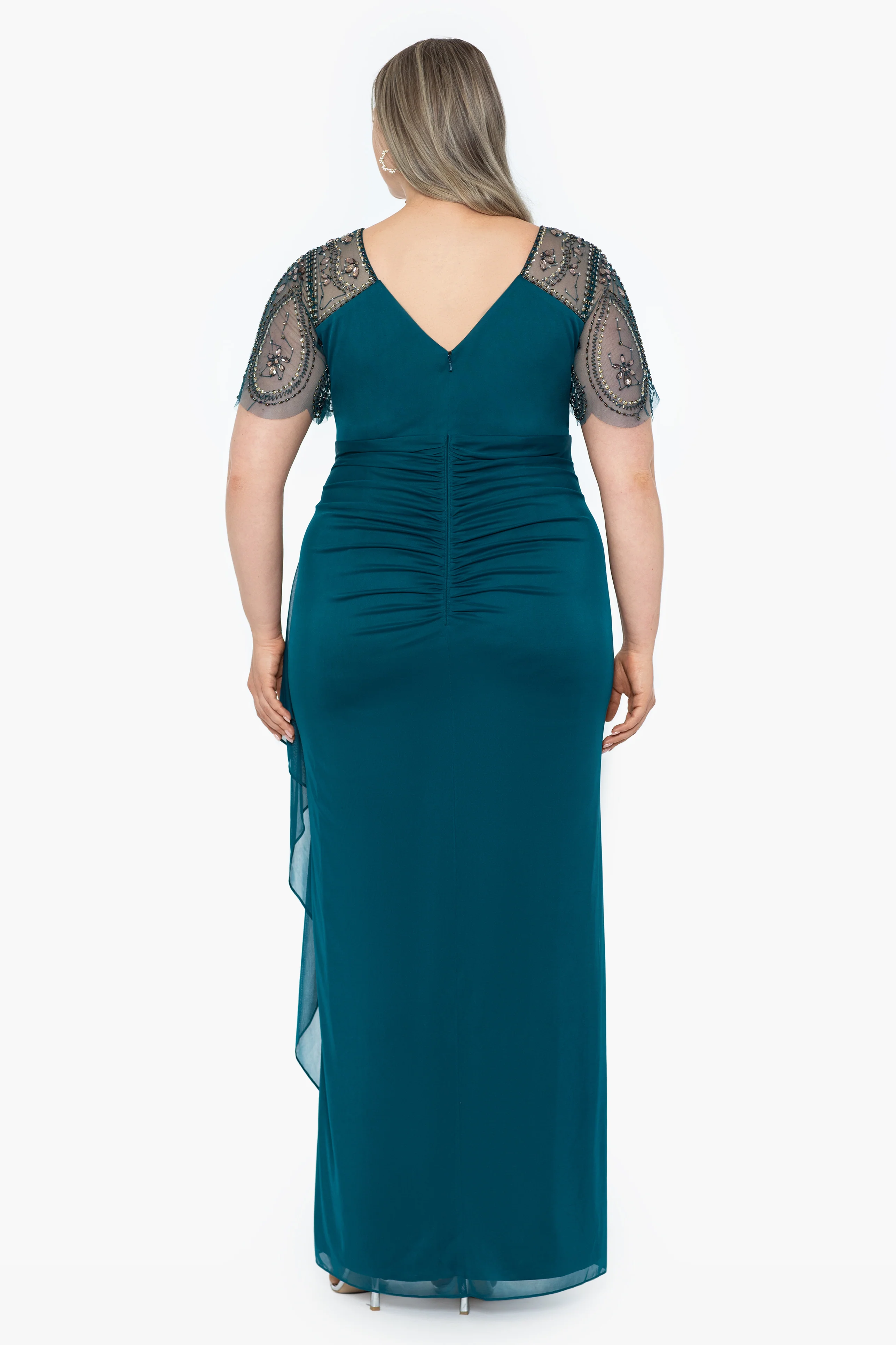 Plus "Lana" Sheer Matte Jersey Beaded Flutter Sleeve Dress - Image 3