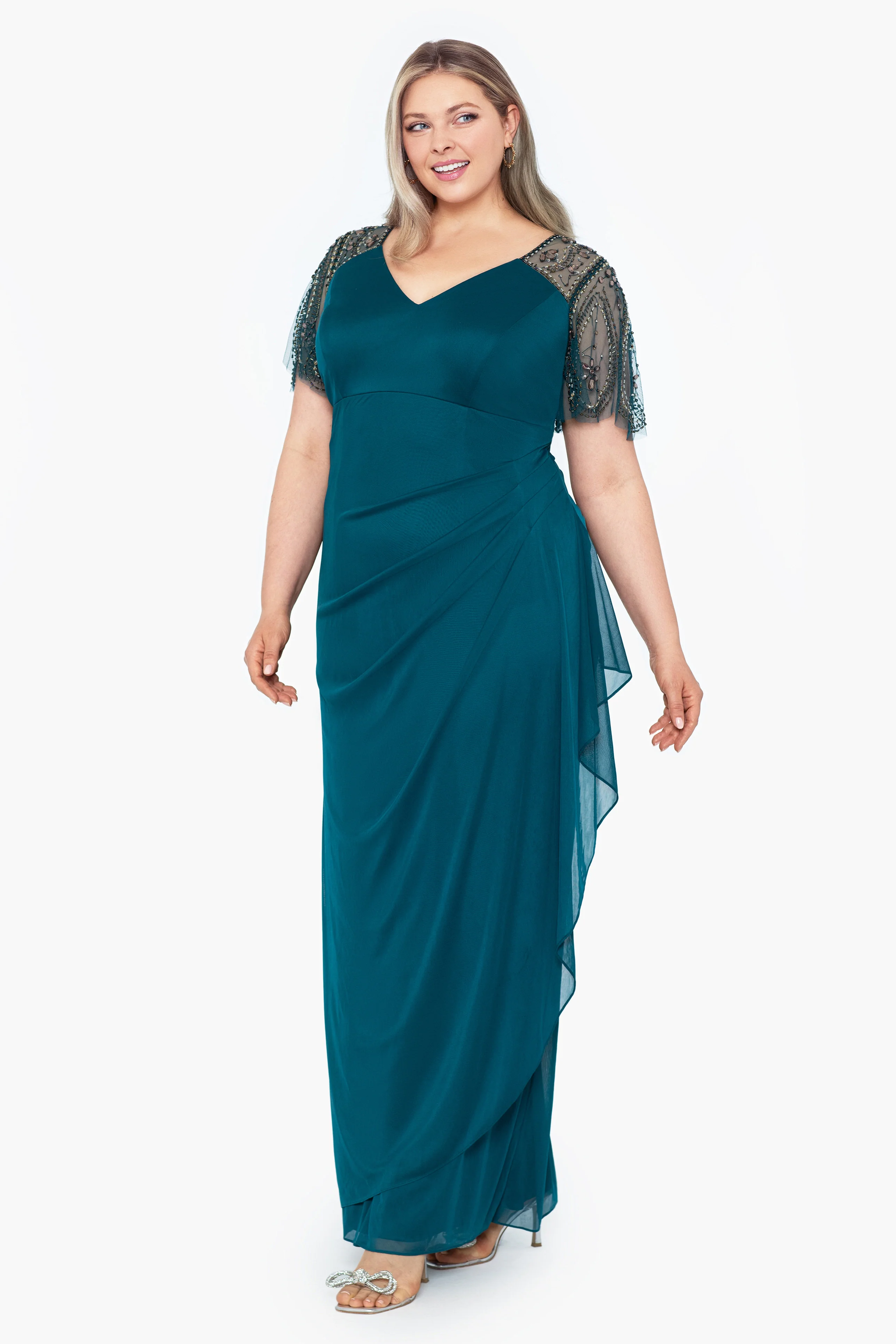 Plus "Lana" Sheer Matte Jersey Beaded Flutter Sleeve Dress - Image 4