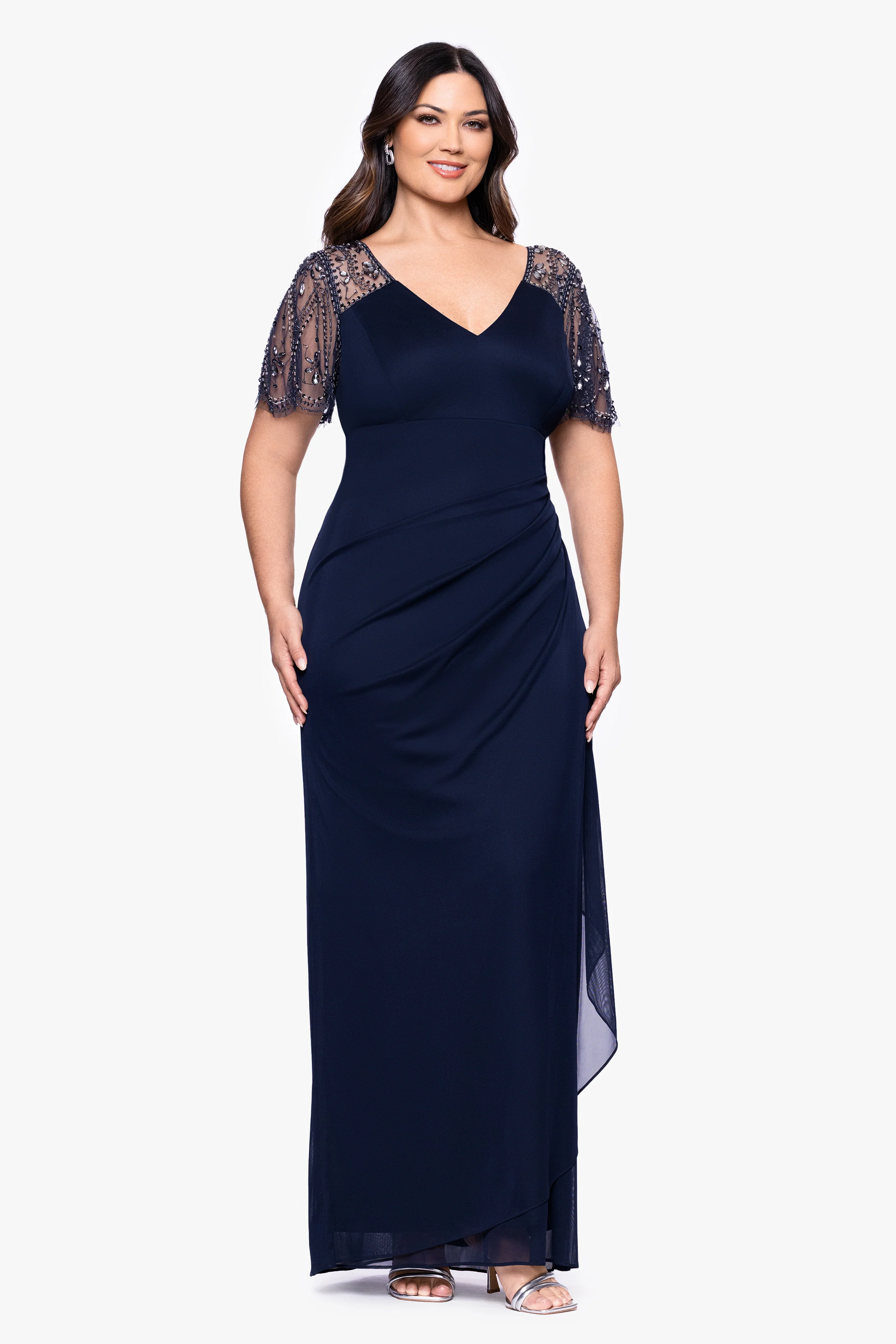 Plus "Lana" Sheer Matte Jersey Beaded Flutter Sleeve Dress - Image 5