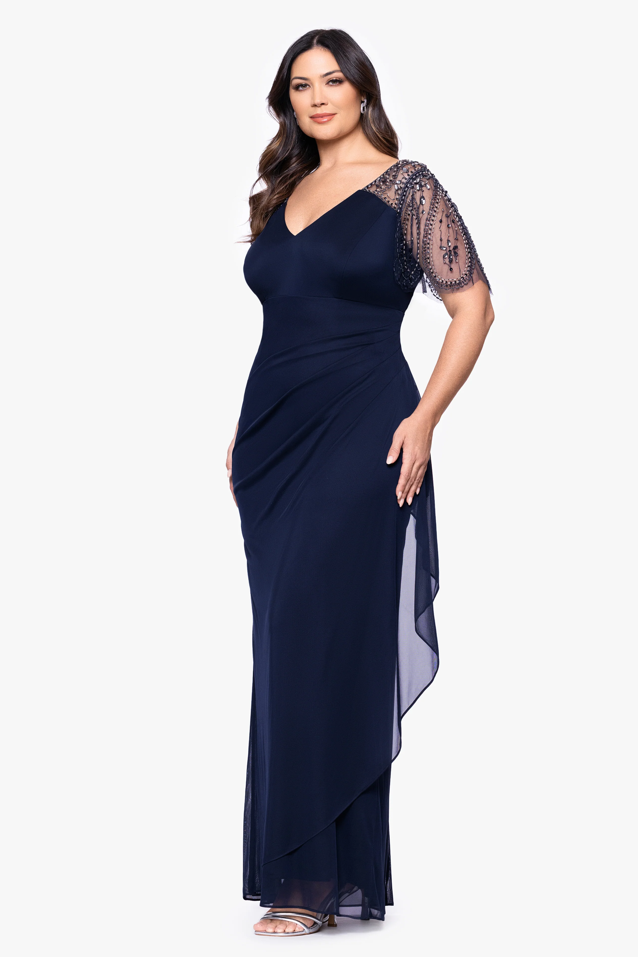 Plus "Lana" Sheer Matte Jersey Beaded Flutter Sleeve Dress - Image 8
