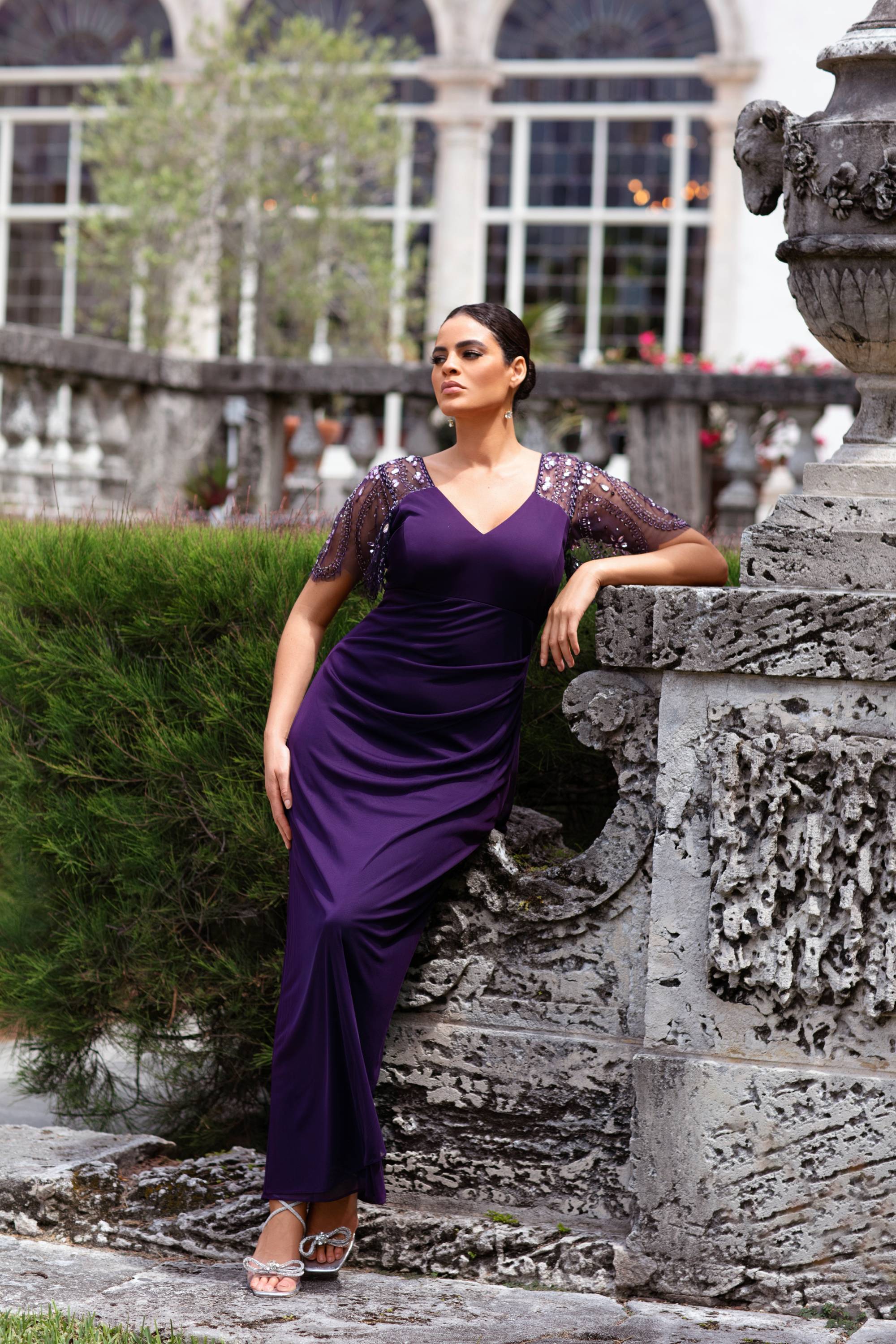 Plus "Lana" Sheer Matte Jersey Beaded Flutter Sleeve Dress - Image 8
