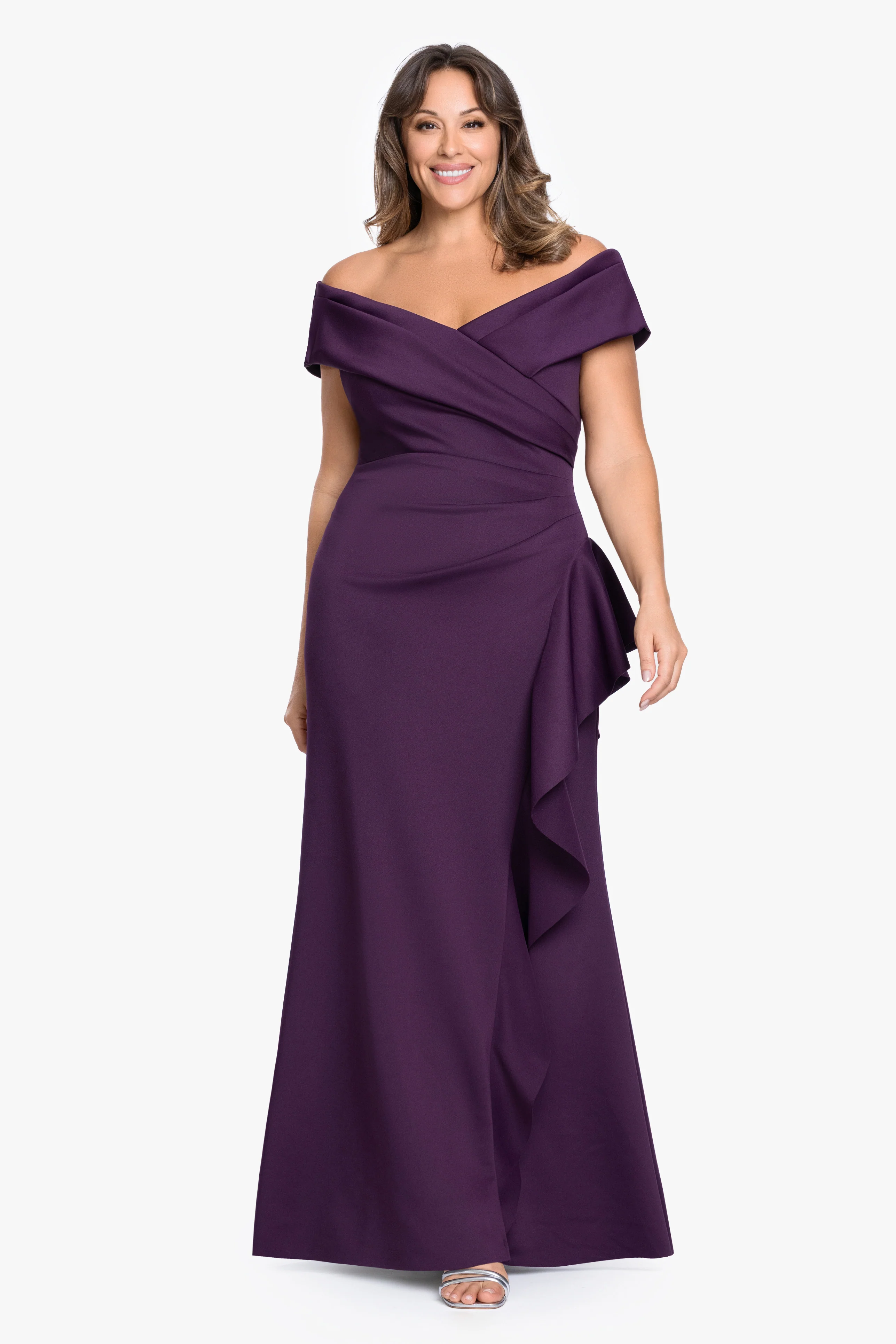 Plus "Pearl" Techno Scuba Off the Shoulder Ruffle Dress