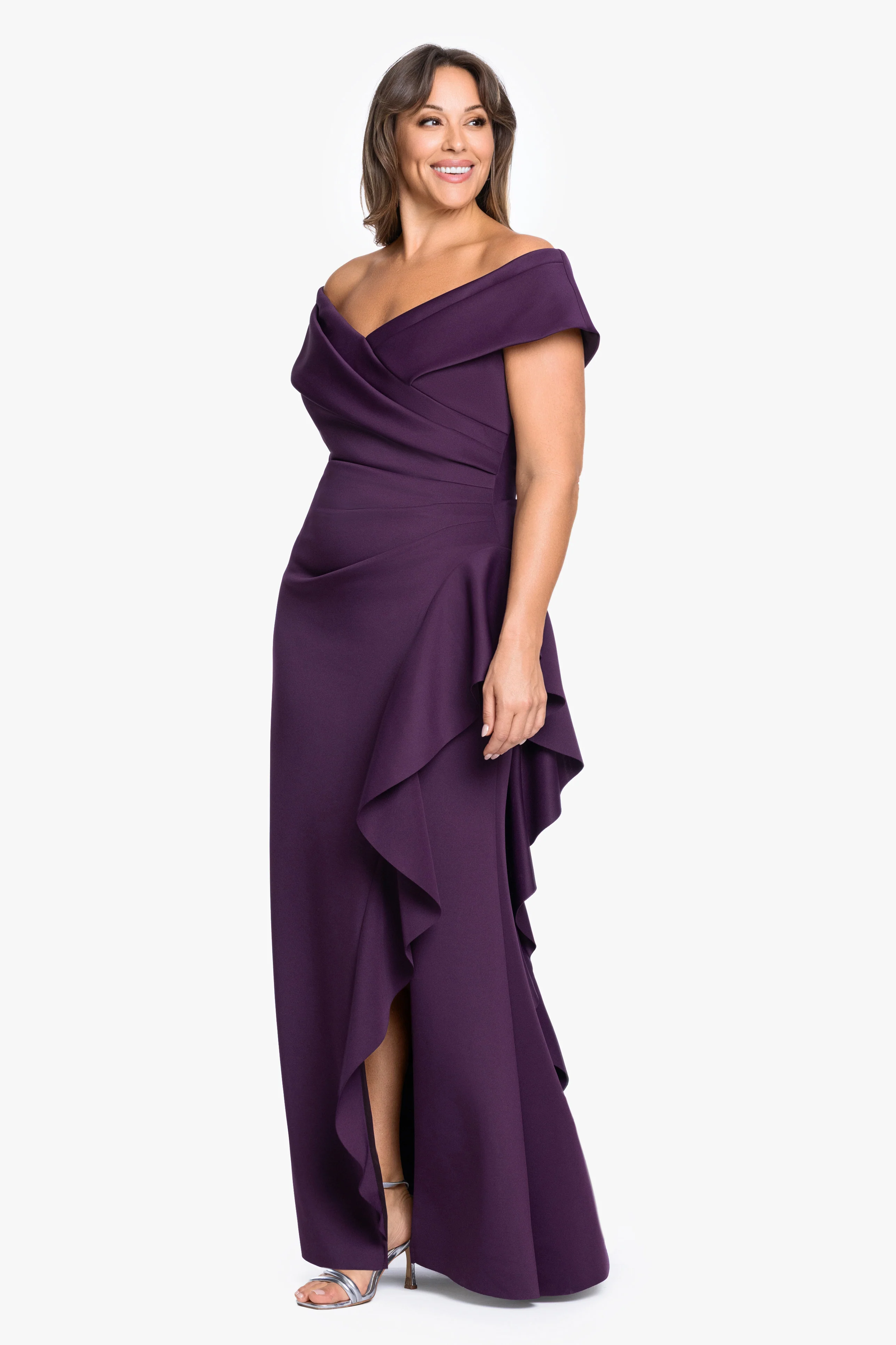Plus "Pearl" Techno Scuba Off the Shoulder Ruffle Dress - Image 4