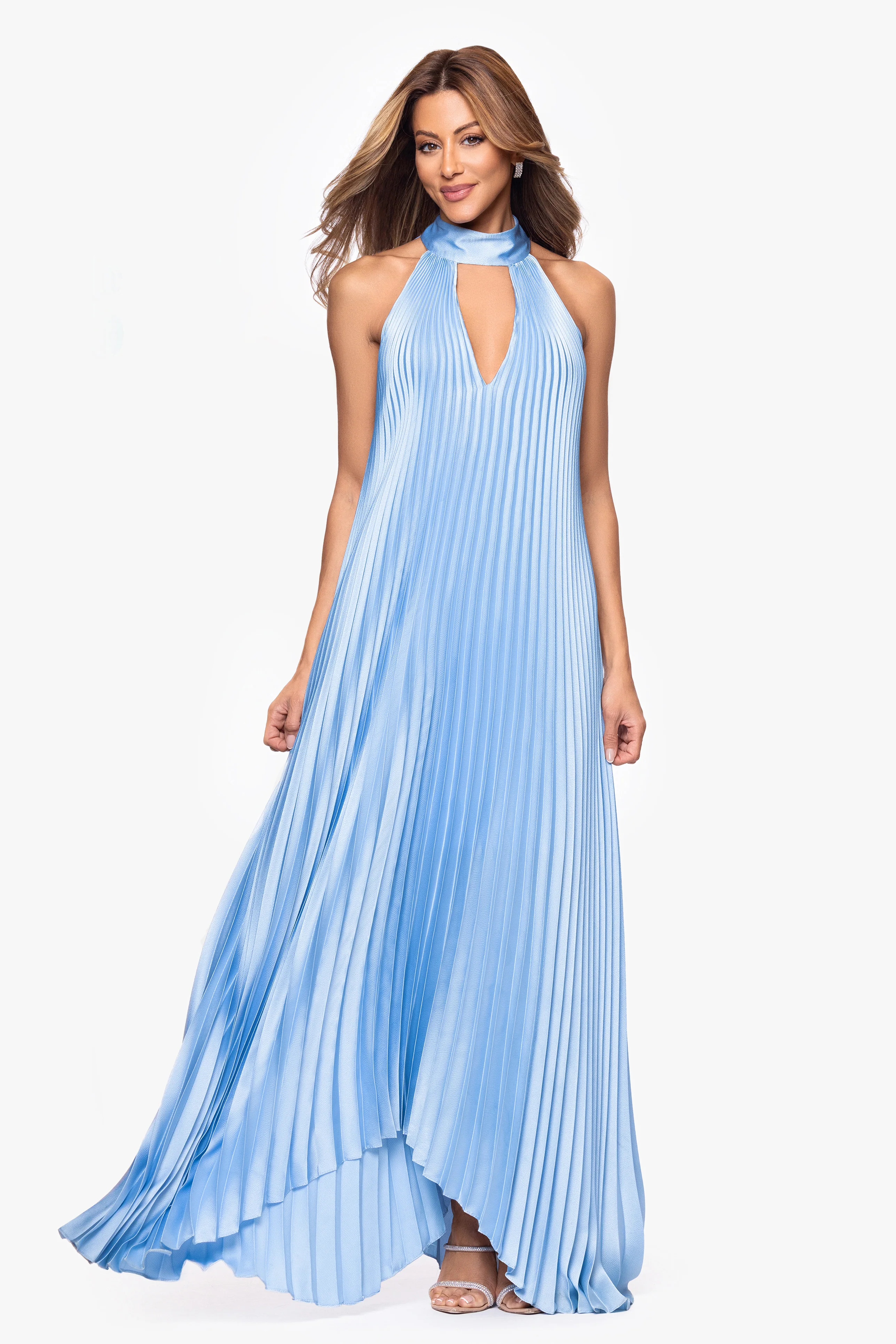 "Rebecca" Pleated Satin Halter Mock Neck Dress