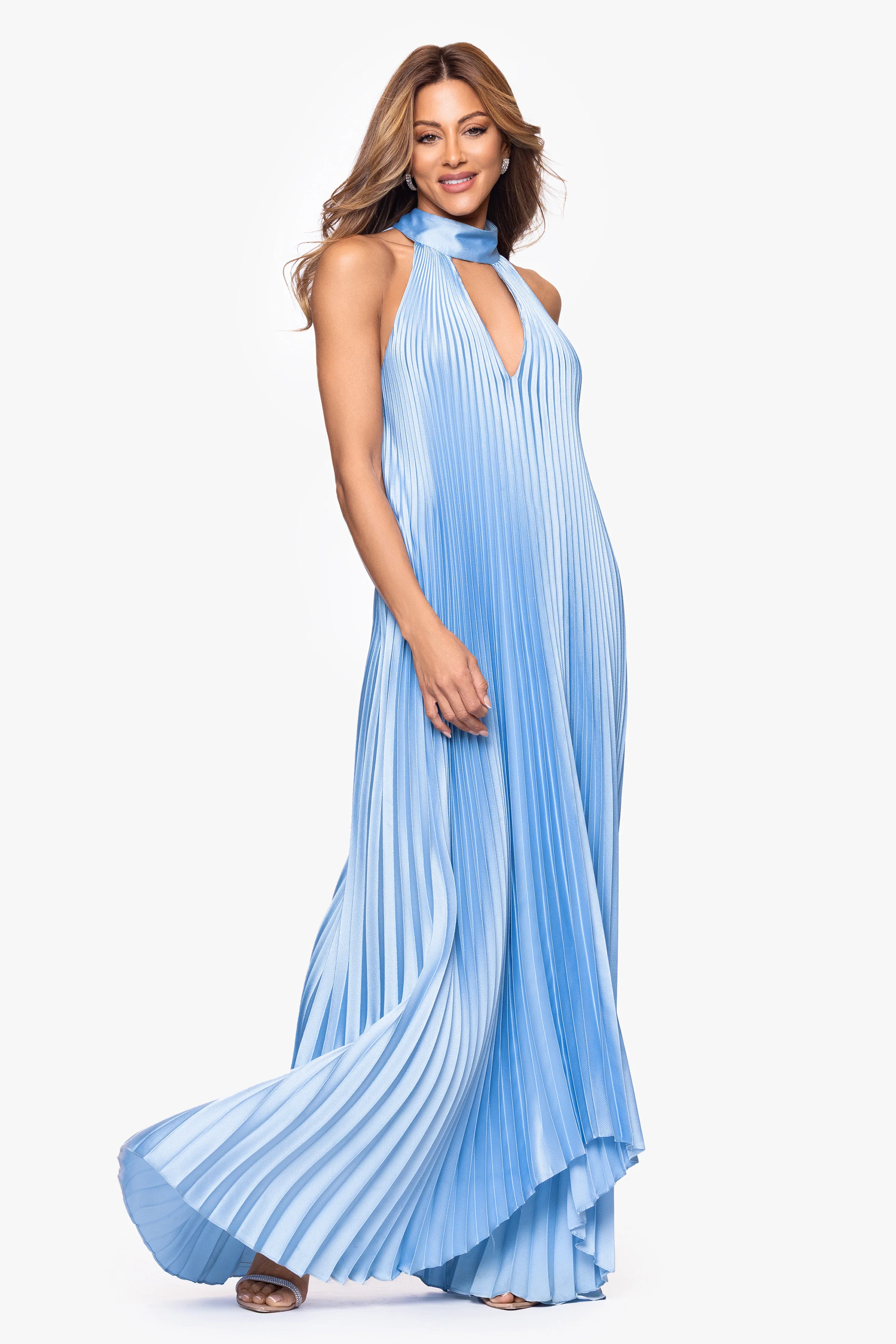 "Rebecca" Pleated Satin Halter Mock Neck Dress - Image 5