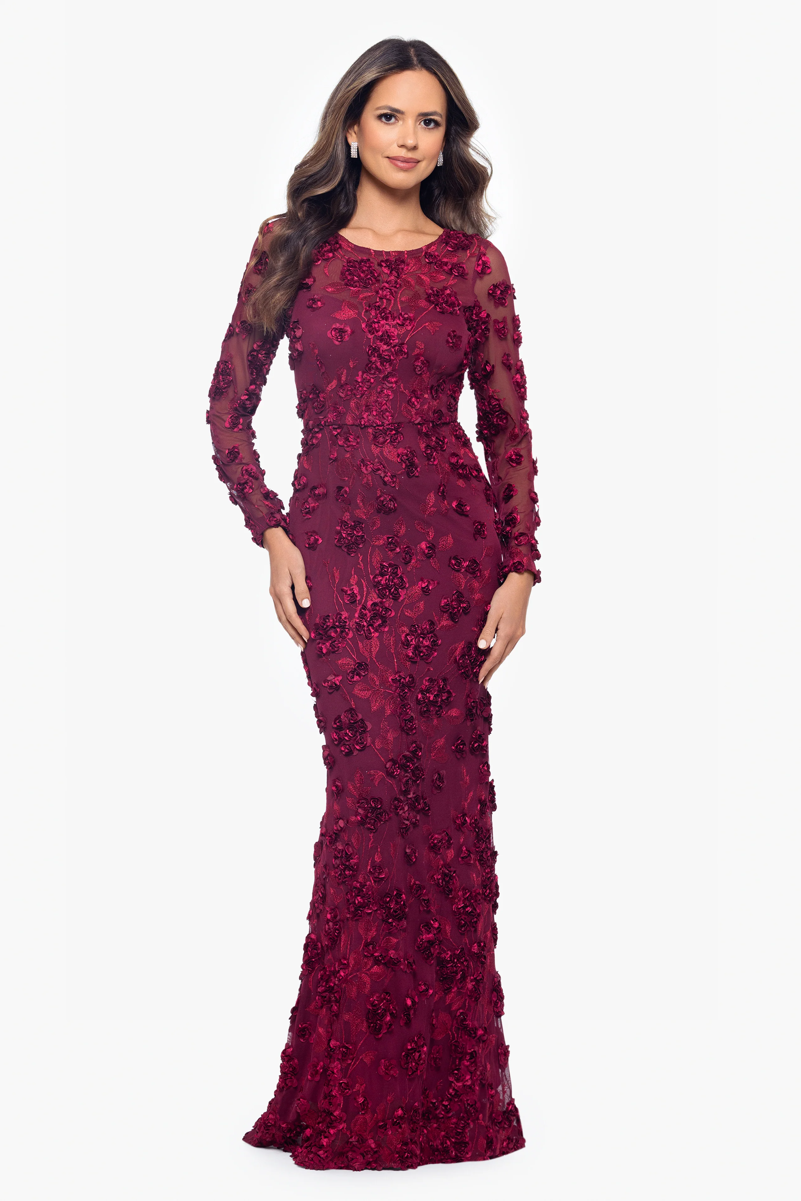 "Ruby" Raised Flowers Long Sleeve Dress