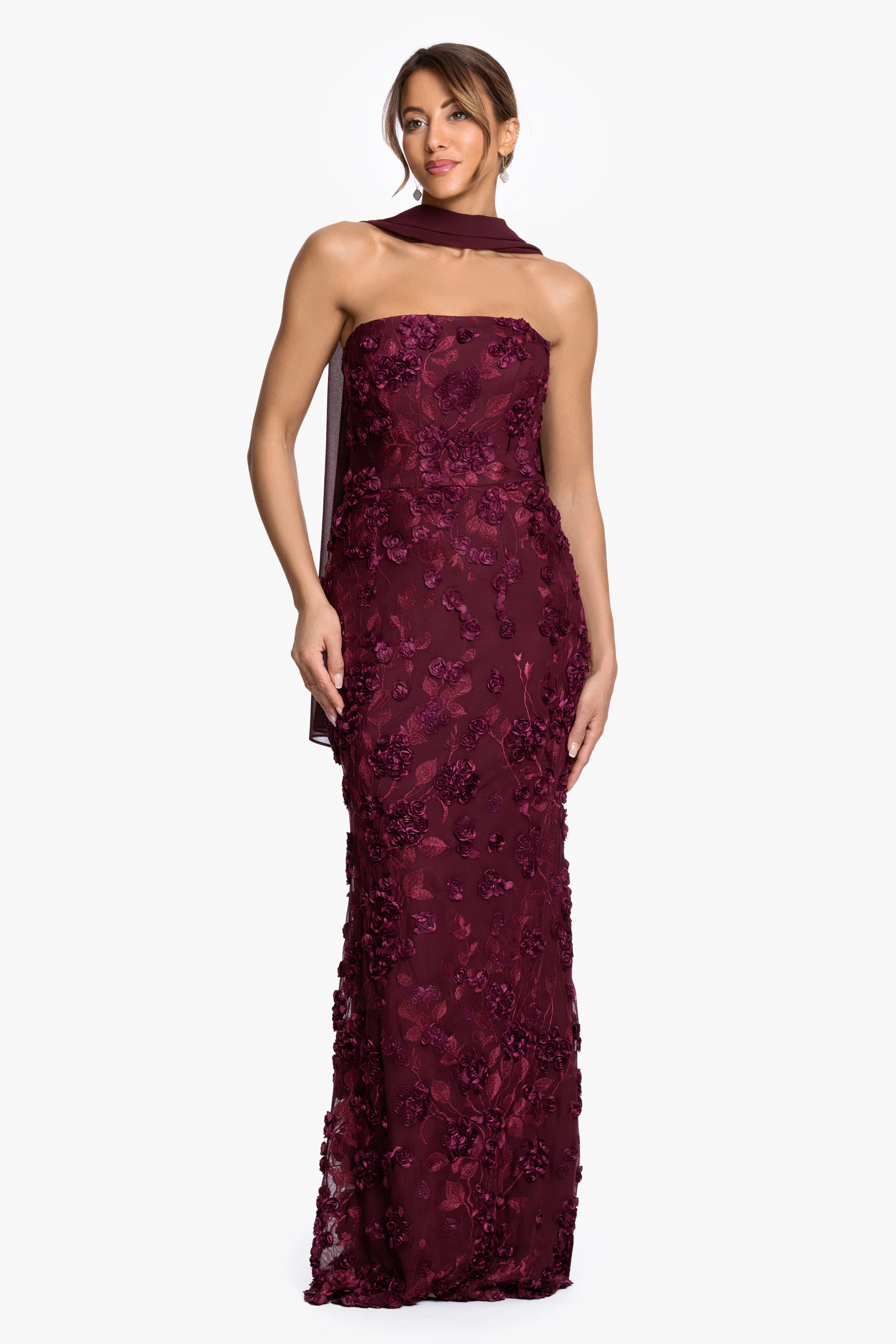 "Stevie" Soutache Mesh Strapless Dress With Chiffon Scarf