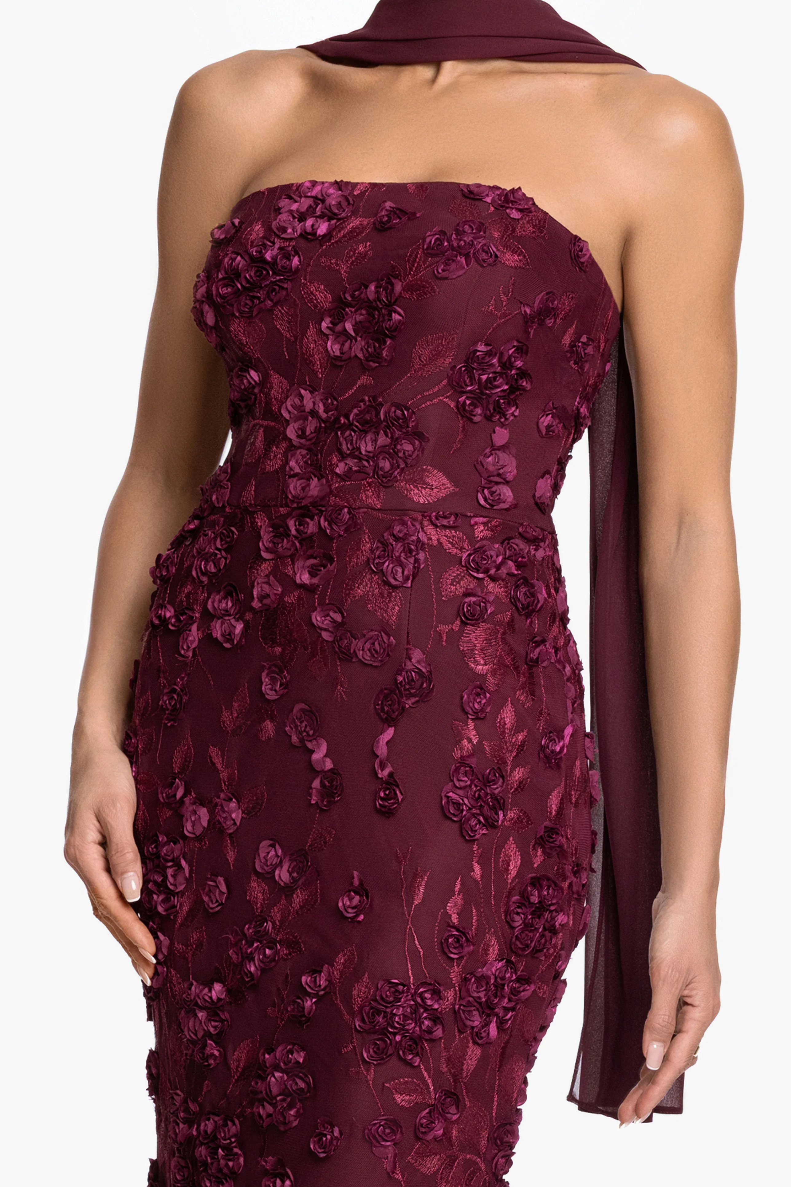 "Stevie" Soutache Mesh Strapless Dress With Chiffon Scarf - Image 2