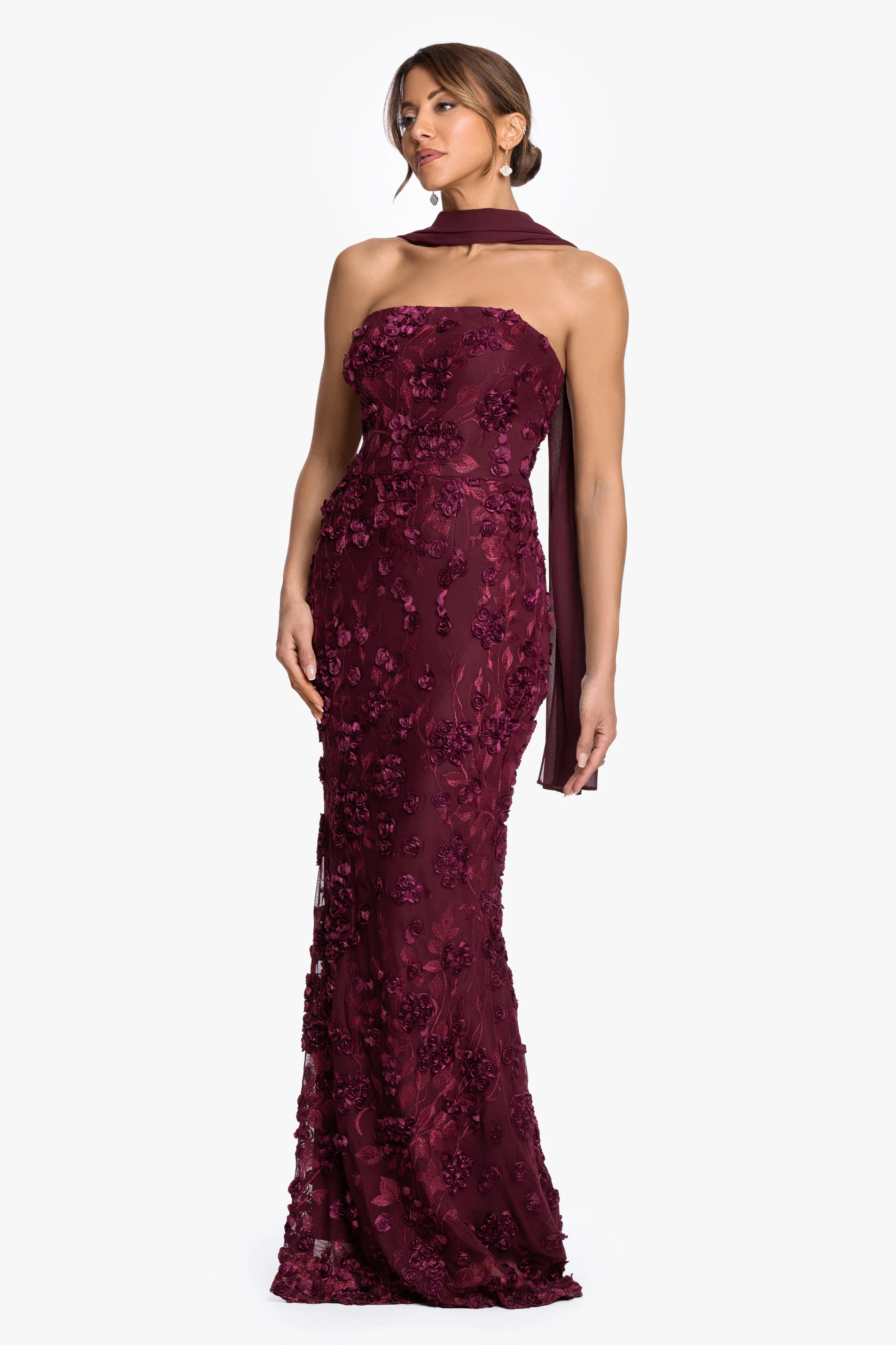 "Stevie" Soutache Mesh Strapless Dress With Chiffon Scarf - Image 4