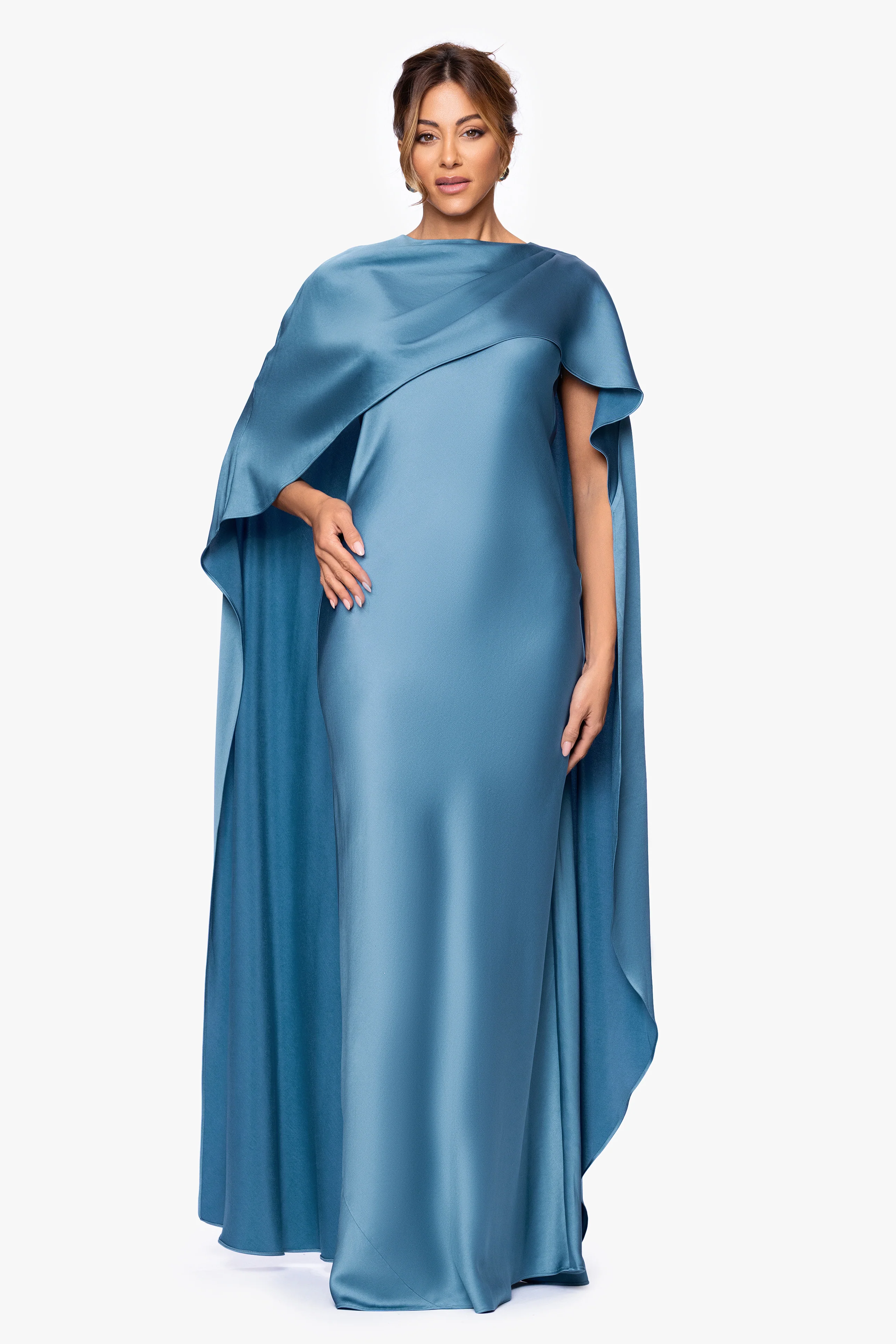 "Tallulah" Satin Overlay Cape Dress