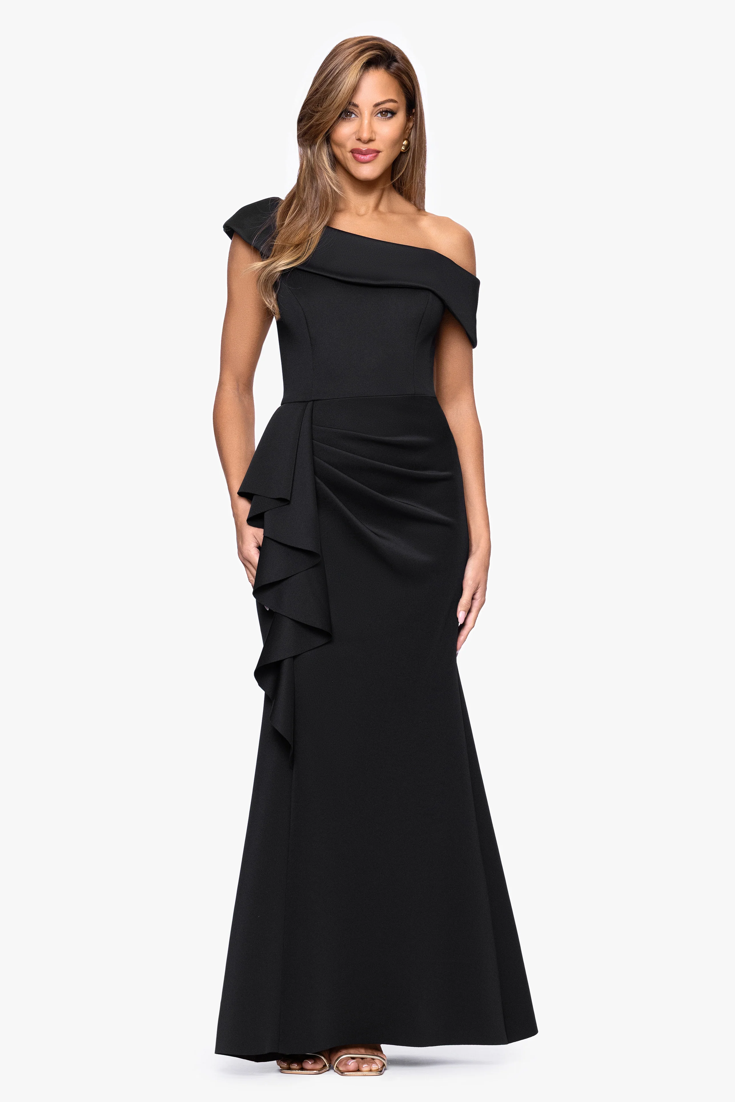 "Valerie" Techno Scuba Off the Shoulder Ruffle Dress